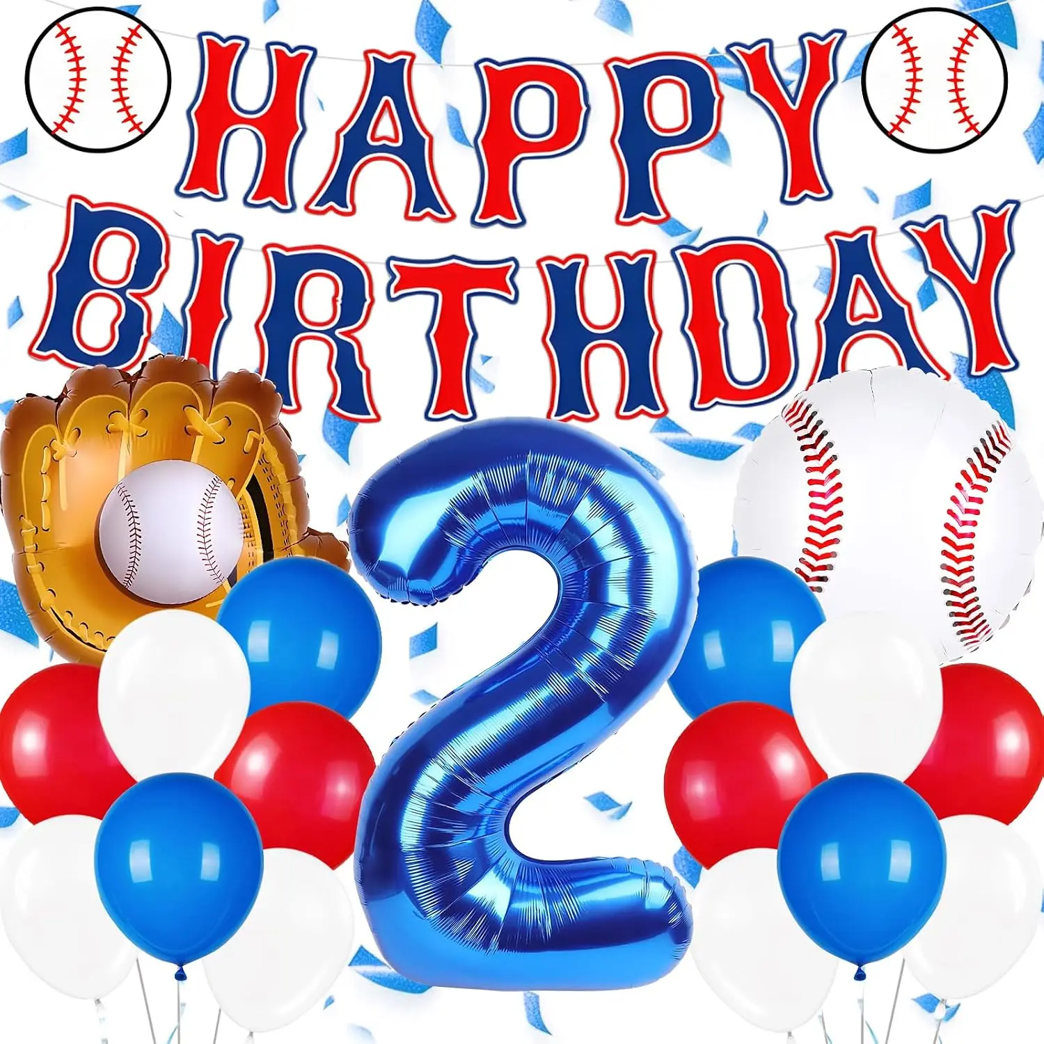 Baseball Birthday Decorations, Includes Number 2 Balloon, Banner, Baseball Balloons and Red Blue White Balloons for Birthday Party Supplies
