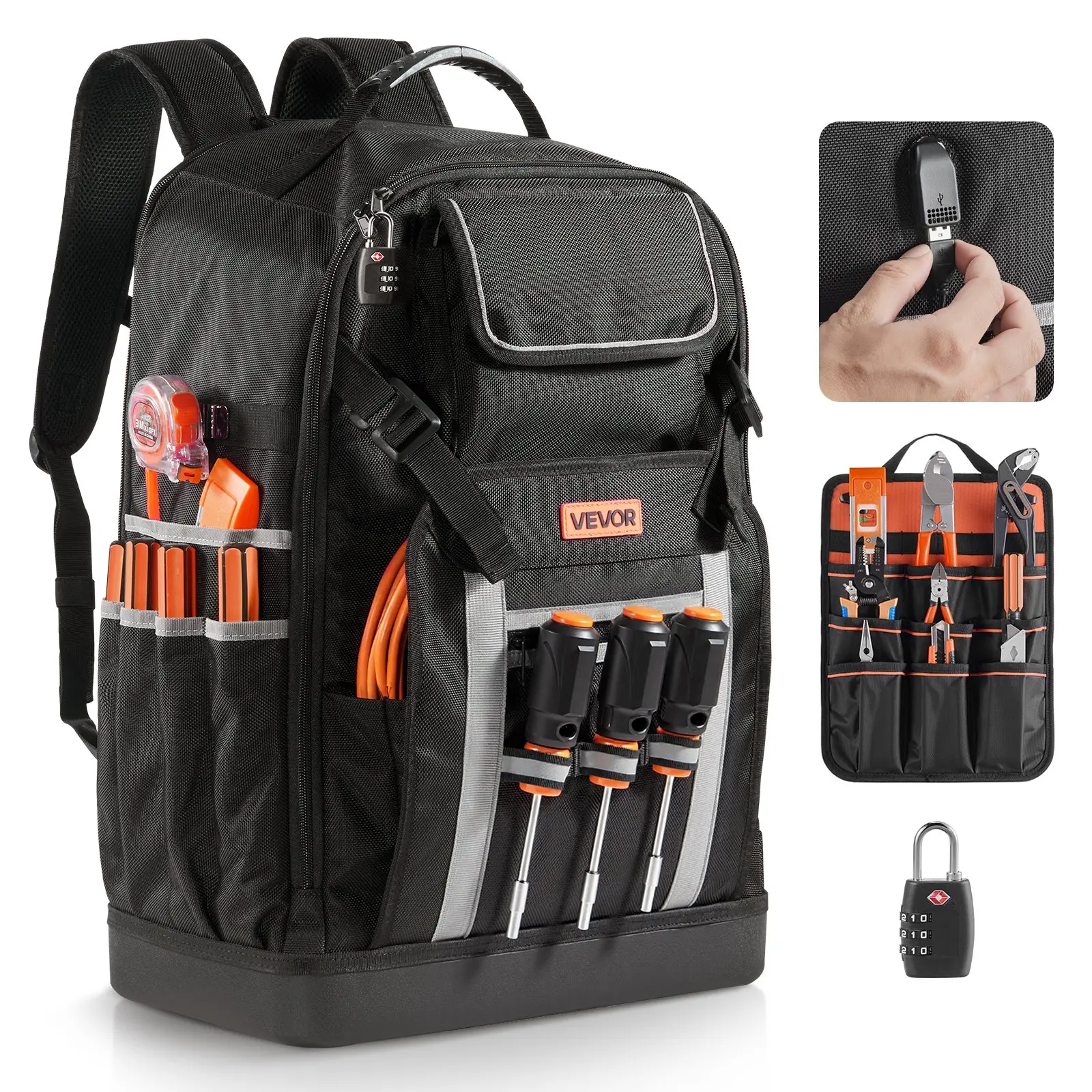 VEVOR Tool Backpack, 56 Pockets, Heavy-duty Tools Storage Organizer Bags with Molded Base, Electrician Jobsite Backpack for Construction Jobsite, Electrician, Industrial, Repairman, and HVAC Techs