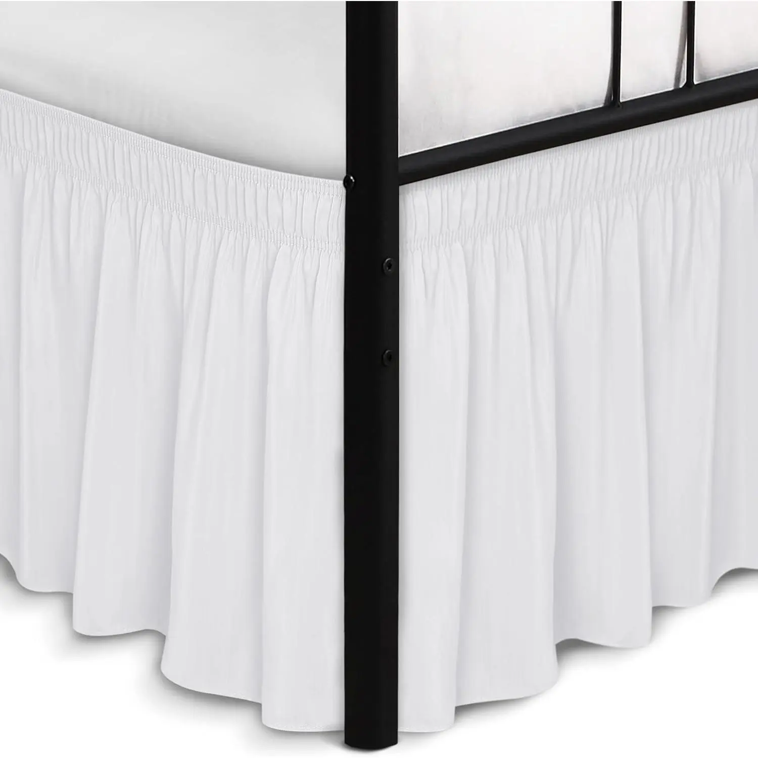 Wrapped Around Bed Skirts with Split Corners for King Beds 15" Drop, White Elastic Dust Ruffles Wrinkle Resistant Luxurious Machine Washable