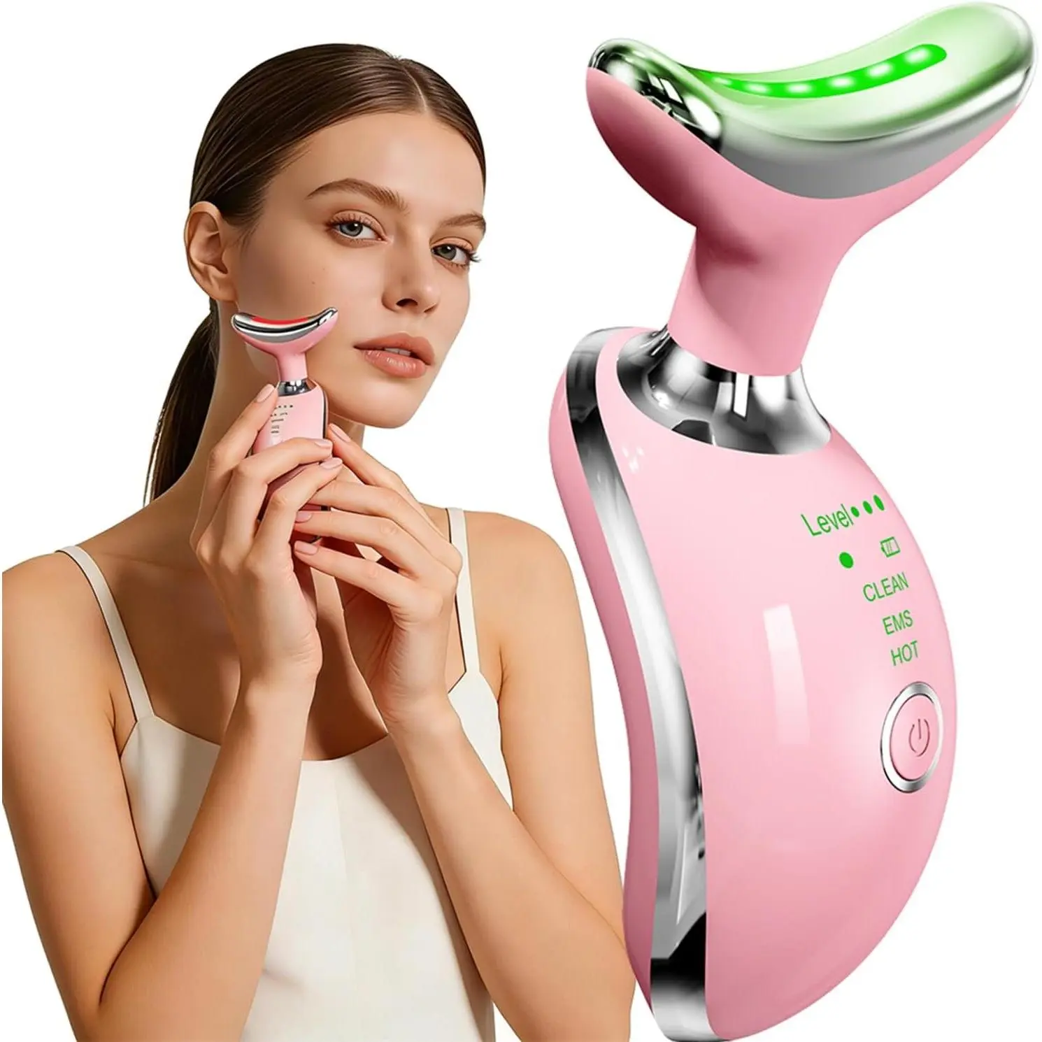 Women's Pink Smart Face & Neck Massager Tool - Single Unit with Heat Therapy, 3 Light Therapies, Vibration, EMS Modes, Gua Sha for Skin Care & TMJ Relief, Self-Care Essential, Facial Tool