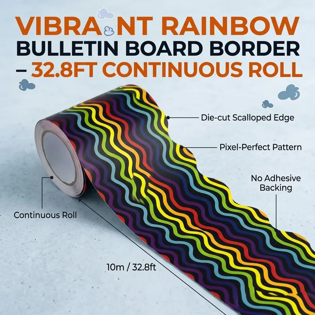 Rainbow Wave Pattern Bulletin Board Decor, Wall Decoration, No Adhesive, Vibrant Colors, Customizable, Ideal for Classrooms and Events