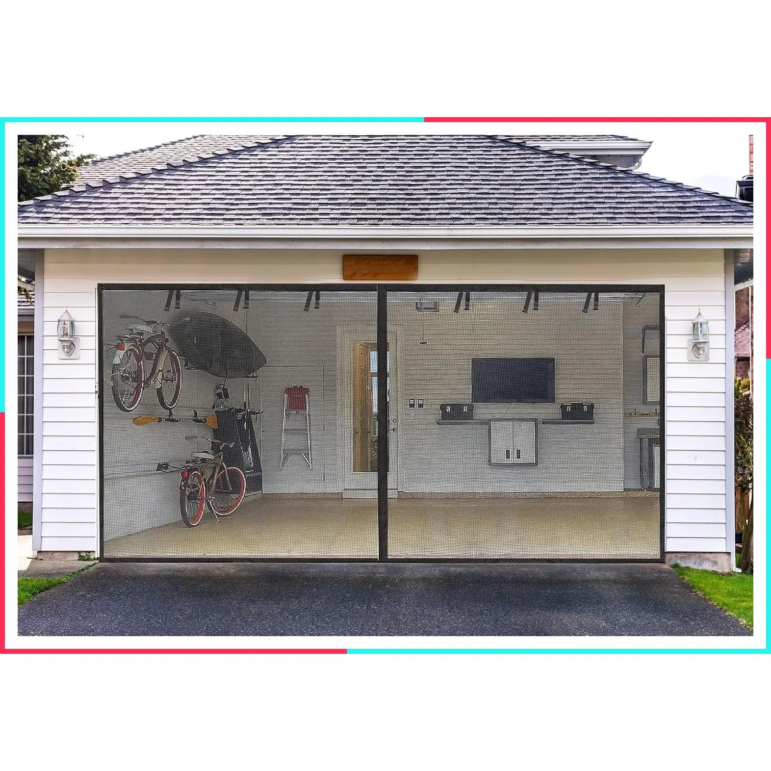 2-Car Garage Screen Door, 16x7 FT, Fiberglass, Black | 2300g/5.1 Lb Heavy Duty Magnetic Door Screen with 6 Roll Up Straps, Hands-Free for Patio, Outdoor, Gym, Sun House Porch