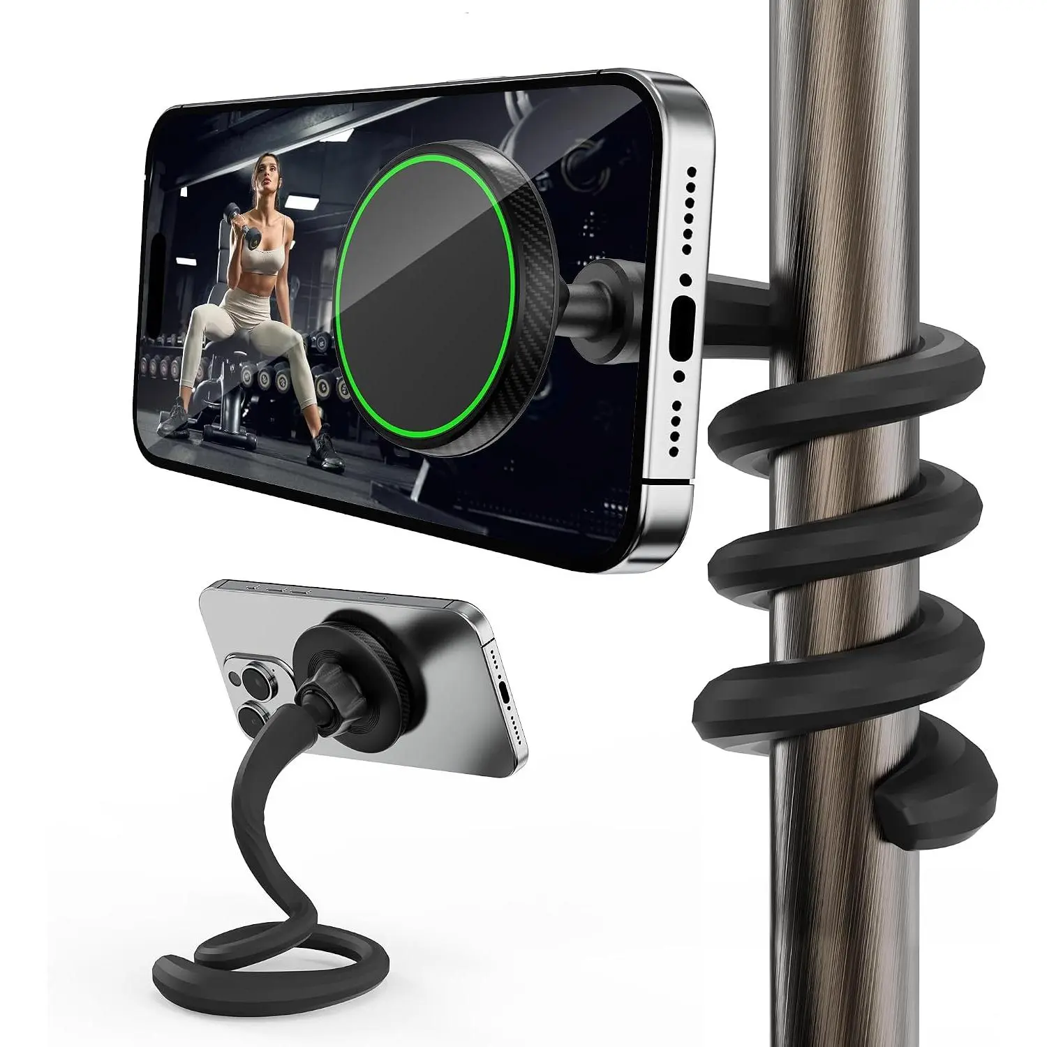 Flexible Phone Holder for Treadmill,  Gooseneck Cell Phone Mount | Compatible with MagSafe,  17-12 & Android,  Stand for Spin    Shopping Cart - Gym Gifts
