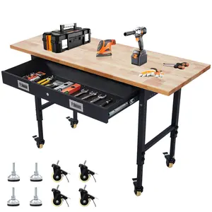 Heavy Duty Adjustable Work Table, 60 Inch 2200LBS Rubberwood Workbench with Built-in Power Outlets, Drawers Rolling Casters, Utility Workbench for DIY Garage Workshop Office