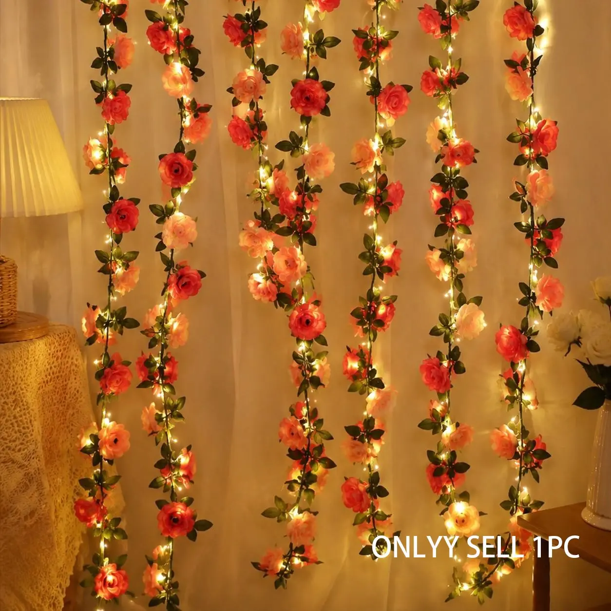 Rose Flower Curtain String Lights, Warm LED Fairy Lights with Artificial Rose Vine, Romantic Bedroom Wedding Party Wall Decor Backdrop, Decorative Led Light