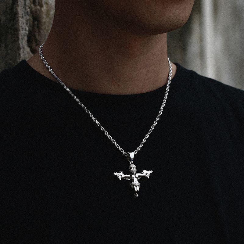 Hip-Hop Gold-Plated Masked Angel With Wings And Dual Swords Pendant Necklace, Solid Micro-Inlaid Zircon Jewelry
