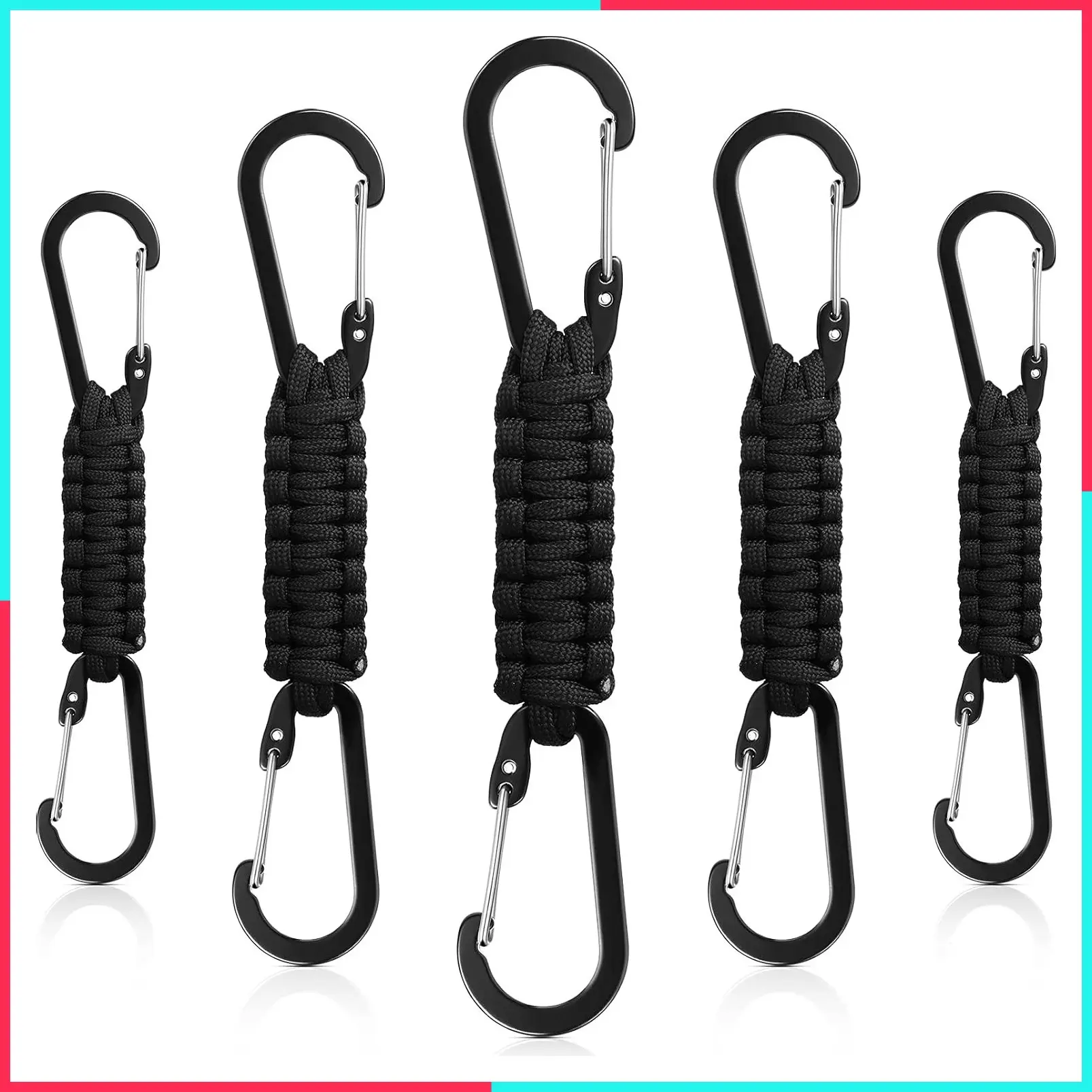 5 Pack Paracord Keychains with Carabiner Clips, Braided Lanyards for Water Bottles, Tactical Backpack Accessories