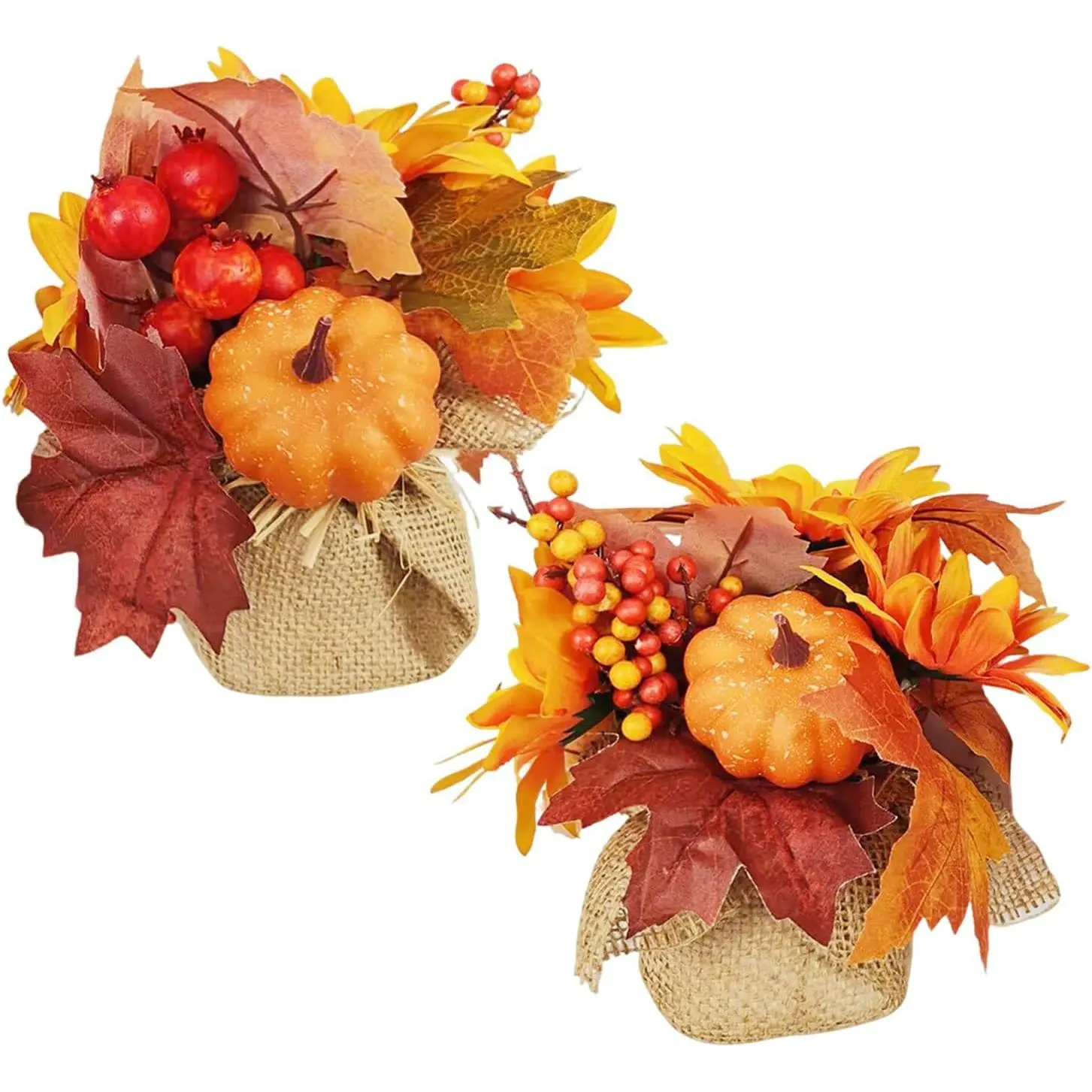 RHN 2-Pcs Fall Table Centerpiece Ornaments - Silk Floral Vase Decor with Pumpkin, Sunflower, Pinecone, Berry, Maple Leaf for Autumn Thanksgiving Home Dining Table