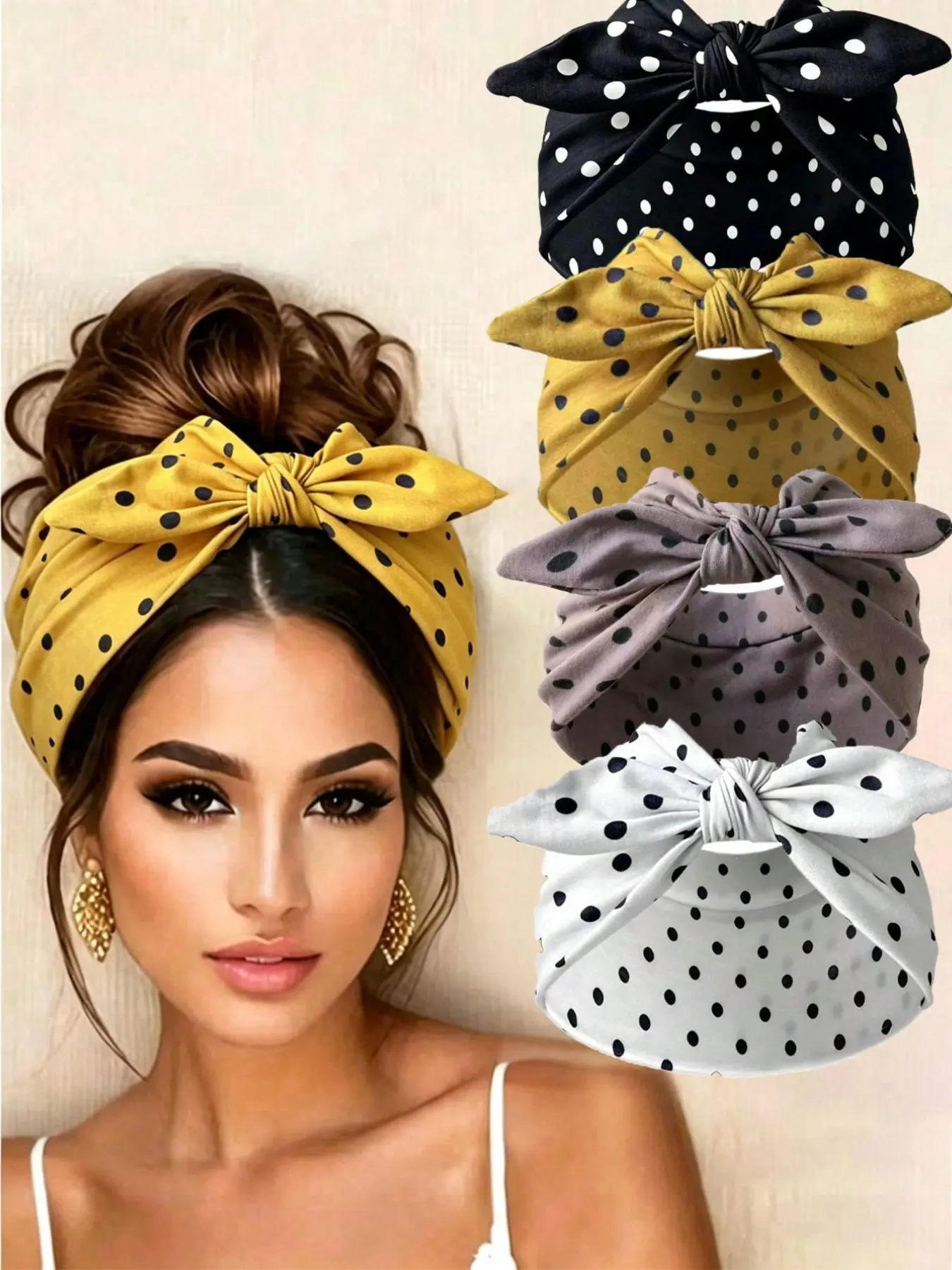 4Pcs Polka Dot Pattern Bunny Ear Hairbands, Fashionable and Versatile Headbands, Ideal for Yoga, Beach, Vacation & Outdoor Activities, Anti-Slip Sweat-Proof Hair Accessories, Rabbit Ear Headbands