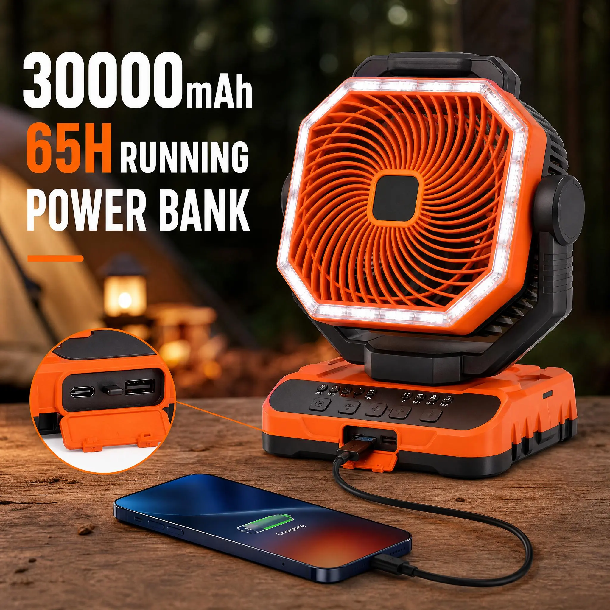 30000mAh Rechargeable Camping Fan with LED Light, Remote Control Oscillating Portable Tent Fan, 65H Battery Powered Hanging Fan with 360° Hook for Camping Travel Home Outdoor