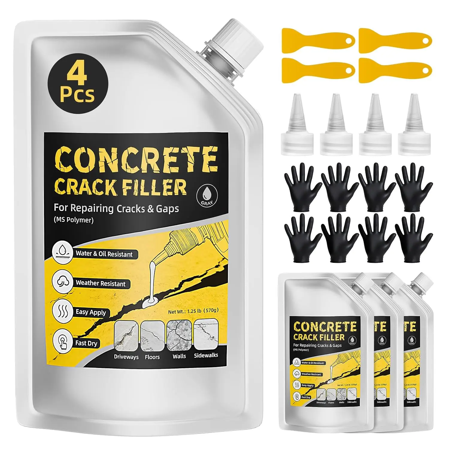 4-Pack Self-Leveling Concrete Crack Filler Full Set (20 oz) - Beginner-Friendly, High Elasticity Outdoor Quick-Drying Sealer for DIY Users’ Outdoor Surfaces, Cement Slab Repair, Pouch Squeeze