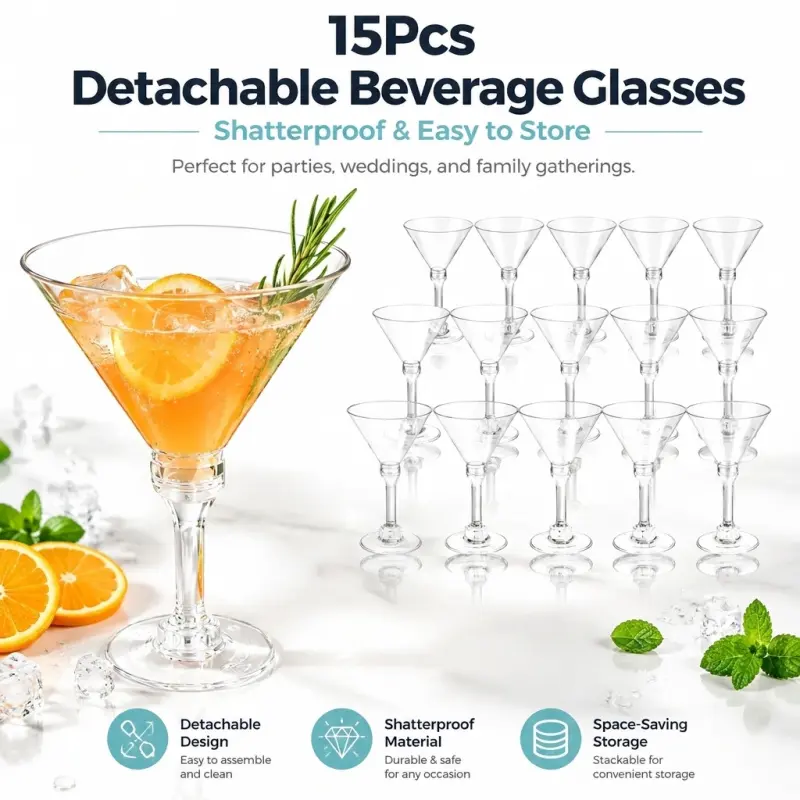 15-Piece Disposable Martini Glass Set - Detachable & Reusable Plastic Cocktail Cups, Perfect for Parties, Weddings & Events