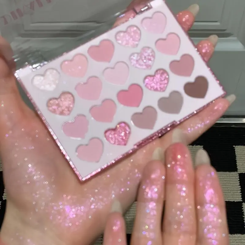 Pink Heart Eyeshadow Palette 18 Shades Matte Shimmer Glitter Cute Valentine Makeup Palette Long Lasting Neutral Pink Eye Shadow for Women Daily Party Cosmetics