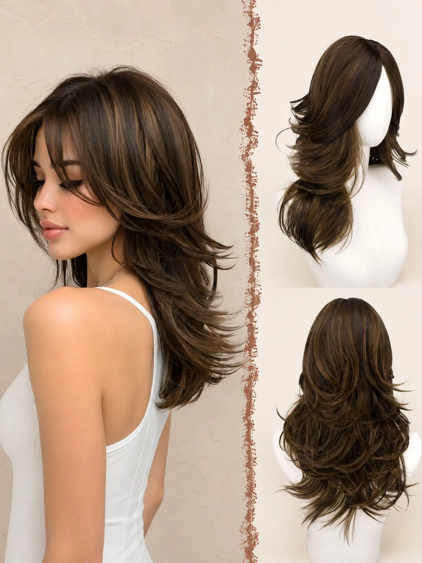Brown Layered Wigs with Curtain Bangs  20 Inch Long Wavy Natural Looking Middle Part Synthetic Hair Wig for Women Brown with Highlights