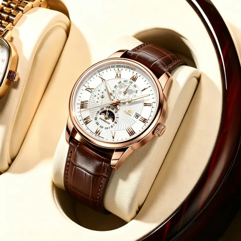 Elegant Rose Gold Men's Watch Brown Croc Leather Strap Roman Numeral Dial Date & Moon Phase Display Business Dress Wristwatch
