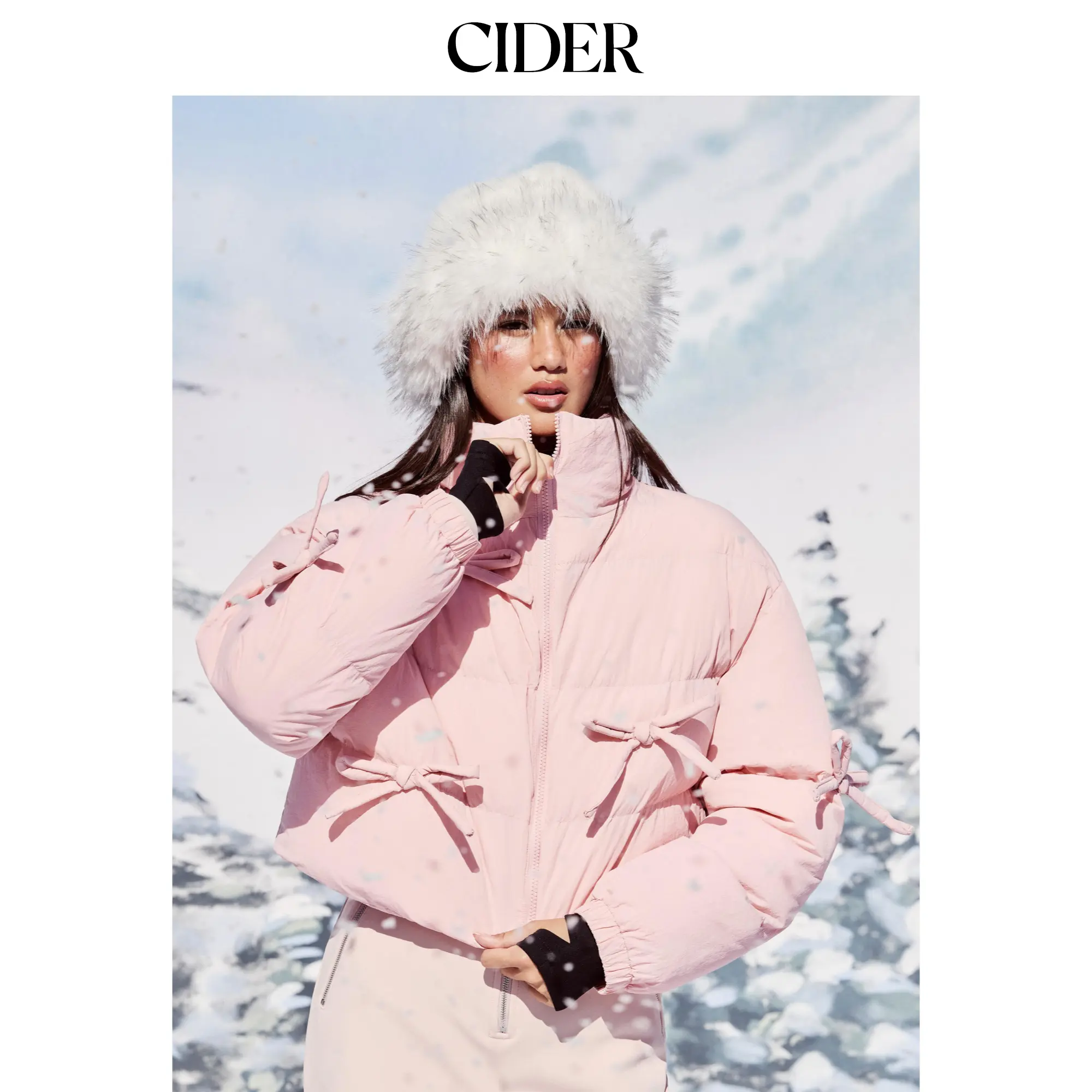 Cider Funnel Neck Bowknot Drawstring Zip Through Puffer SohoChic