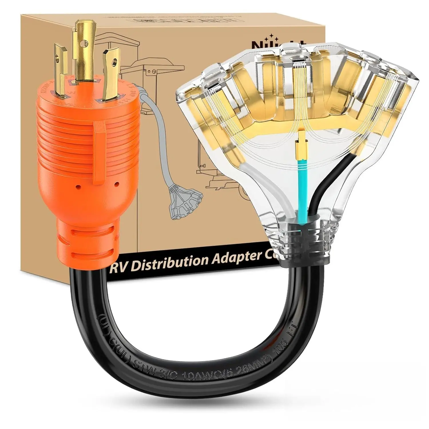 Nilight 30 Amp to 110V Generator Power Adapter Cord NEMA L5-30P Male to 3X 5-15R/5-20R Female RV Distribution Adapter ETL Listed 3 Prong Twist Lock Plug for RVs Campers Generators Household Outlets