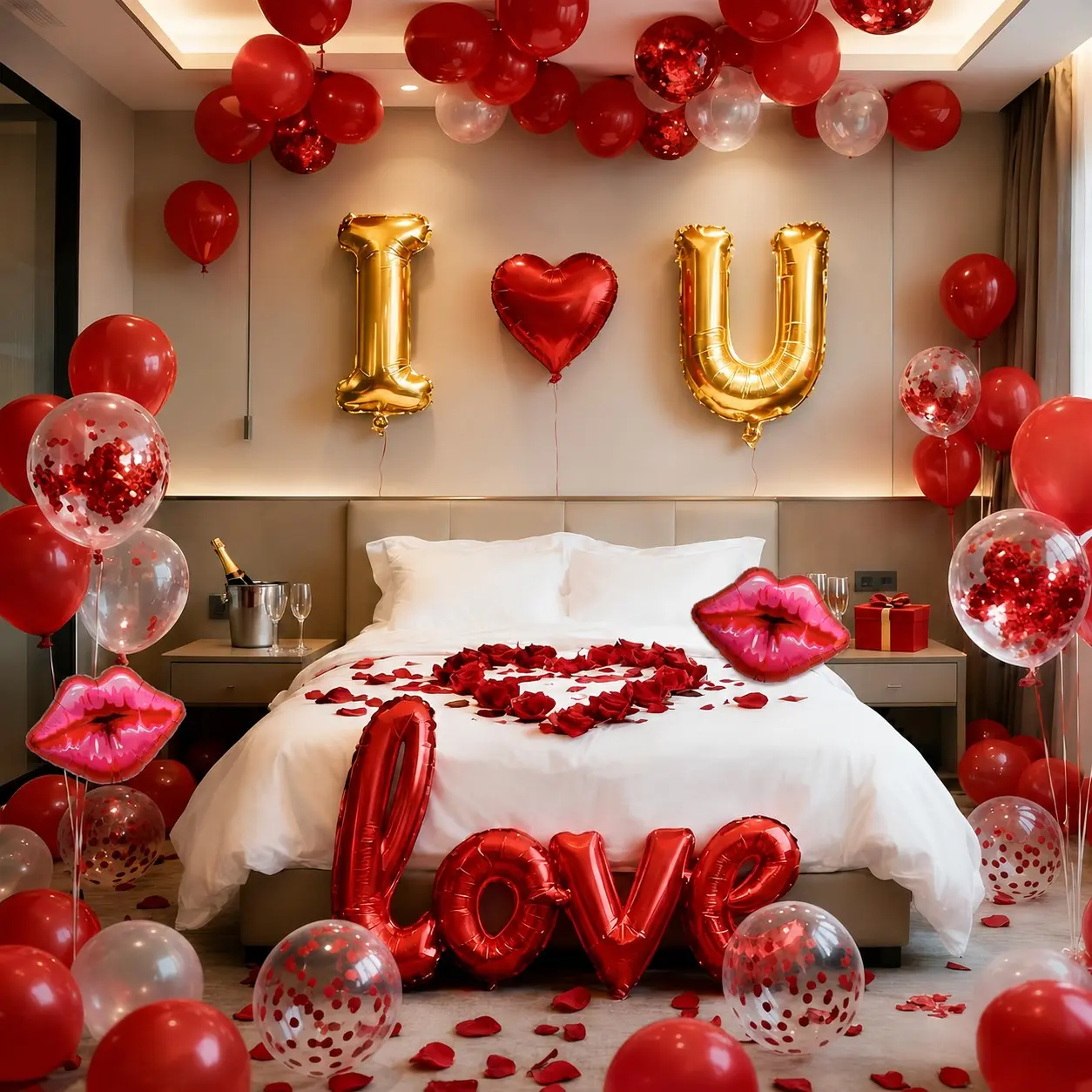 32 Inch I Love You Balloons Red Gold Balloon with Heart Shaped, lips, Love Foil Balloons Valentines Balloons and 1000 Pieces Rose Petals for Anniversary Valentine's Day Proposals Decorations