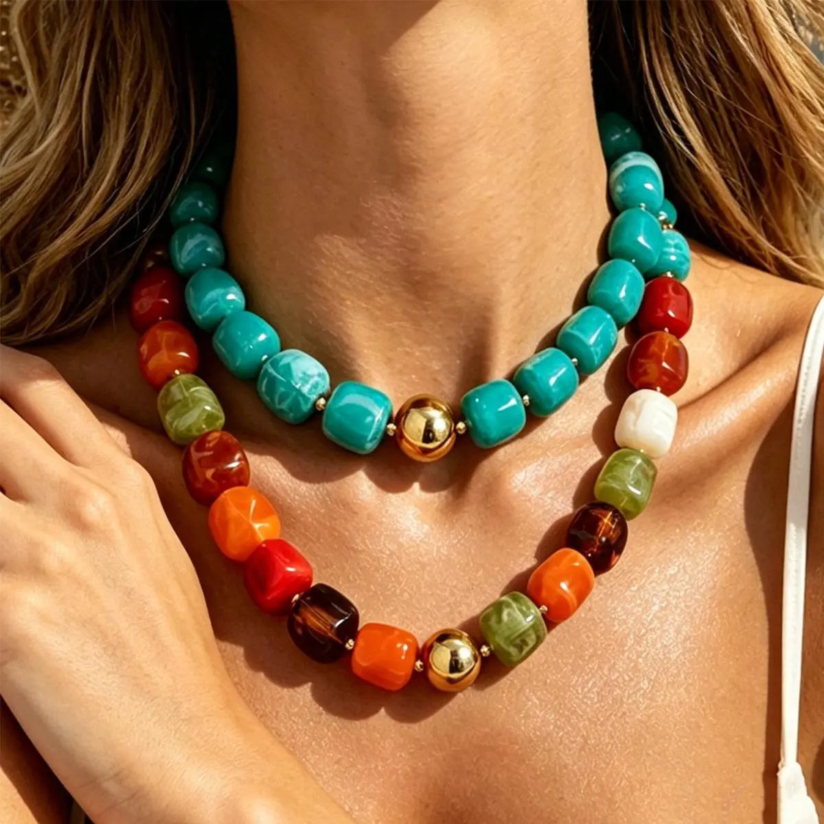 Main Character Energy Chunky Resin Bead Necklace Baddie Y2K Viral Layered Color Block Choker Effortless Glamour Turquoise Multi Color Beach Resort Body Jewelry for Women