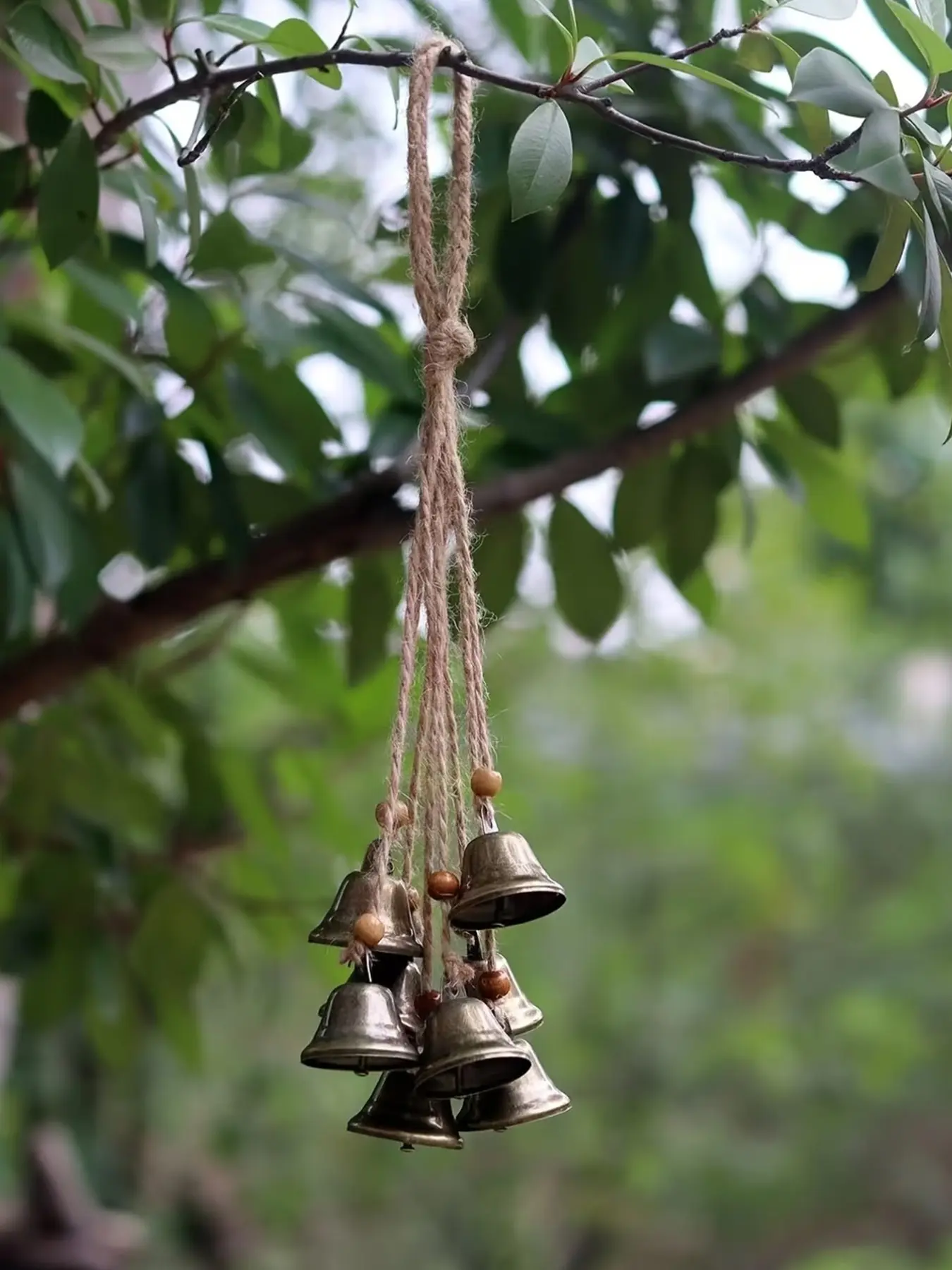 Handmade Jute Rope Witch's Bell Wind Chime, 8 Coffee Beads & Bells, Magical Outdoor Halloween Decoration for Porch Garden, Decorative