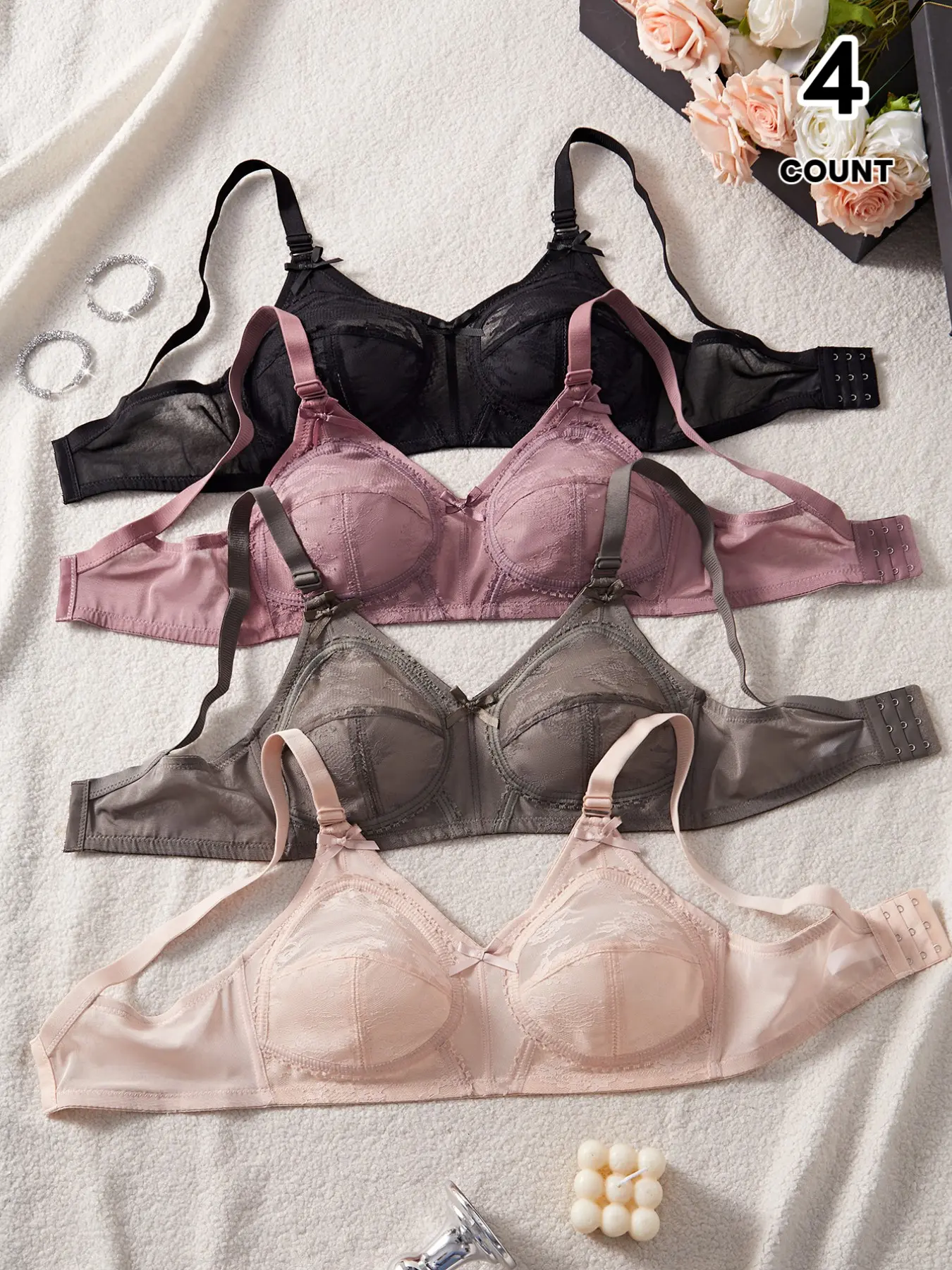 4 Pack Women Ultra Thin Lace Minimizer Bra, Full Coverage Wireless Breathable Lingerie, Comfortable Everyday Wear, Seamless Design