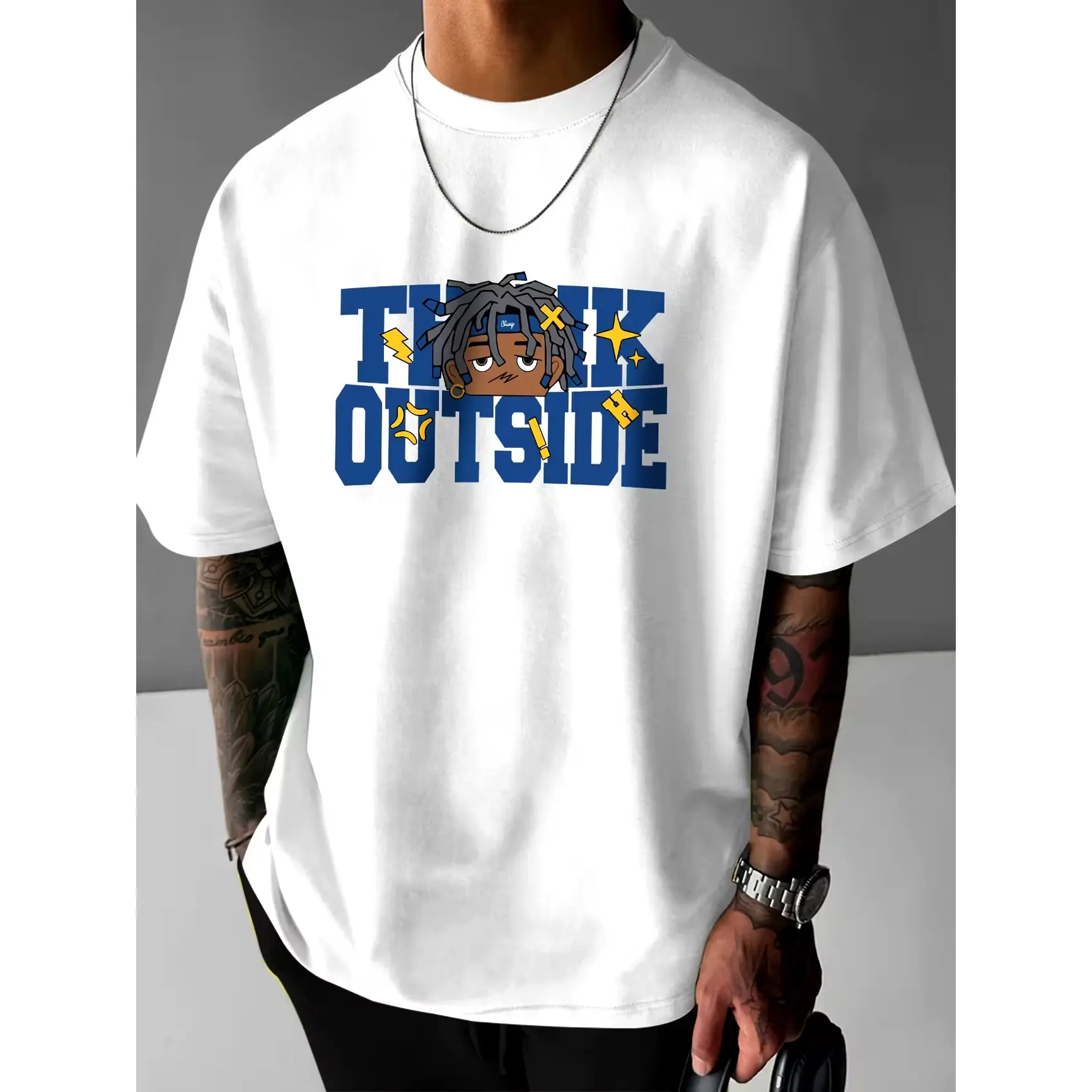Think Outside Dreadlocks Hip Hop Cartoon Boy Letter Graphic Oversized Cotton Outfit T-Shirt, Cute Y2K Streetwear Print Comfort Fashion Casual Tee, Perfect Valentine's Day Gift For Him Her, Ideal Holiday Present For Hip Hop Lovers Boyfriend Girlfriend Frie