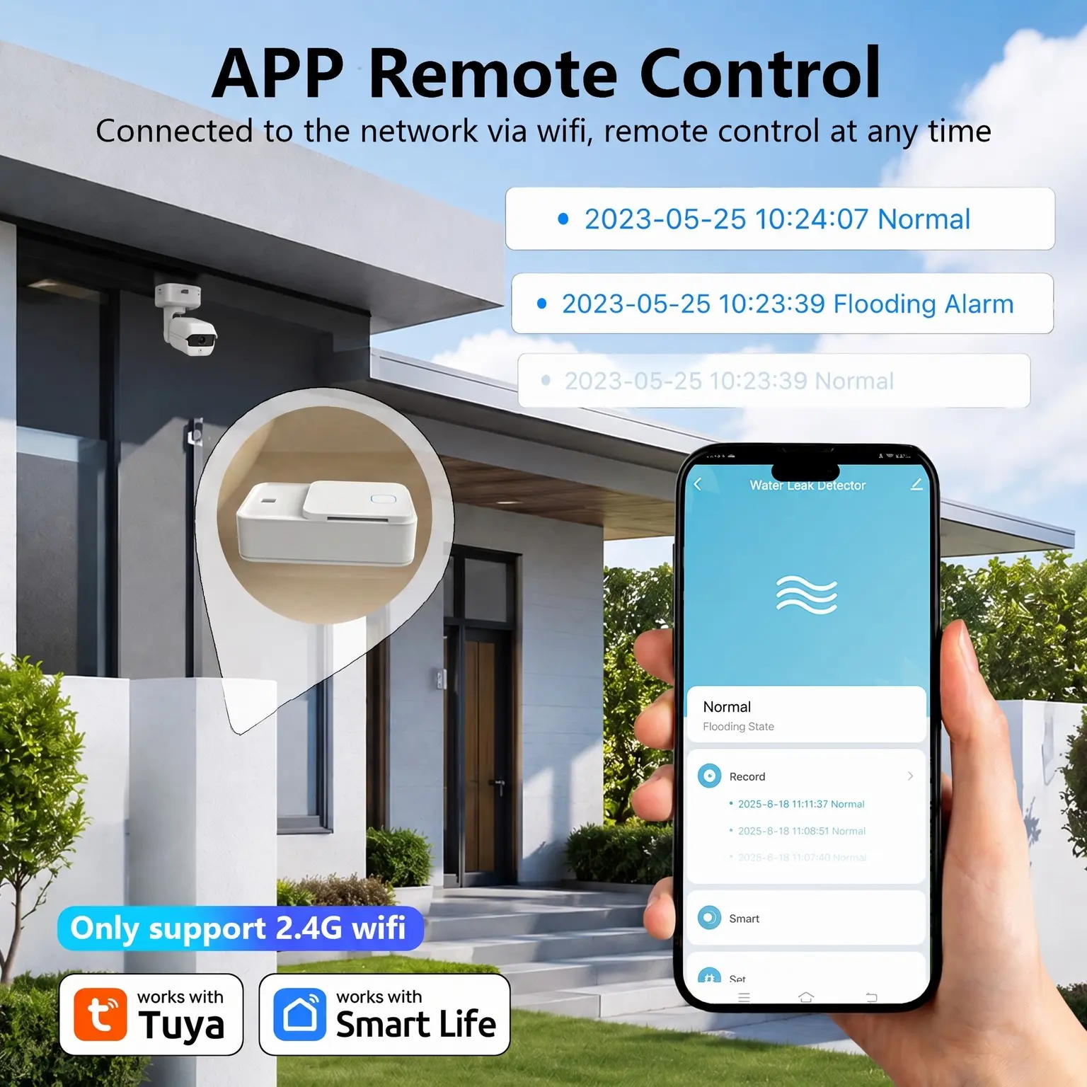 Rsh 2.4g WiFi Smart Water Leak Detector, Tuya APP Remote Monitoring, 90db Alarm, Battery Reminder, No HUB Needed, for Home Use