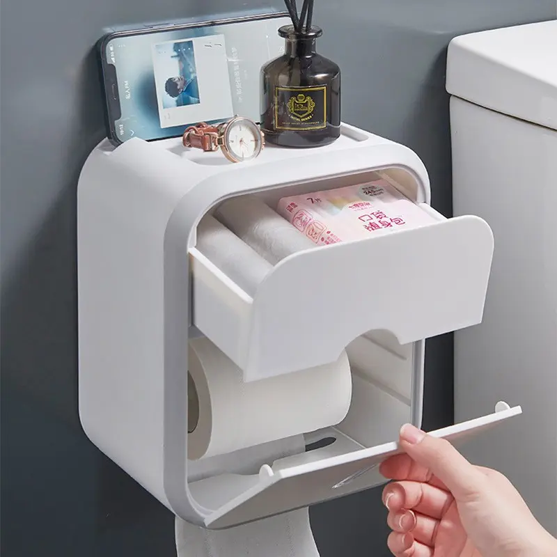 1pc Punch-Free Wall Mount Waterproof Toilet Paper Holder, Self-Adhesive No Drill Tissue Dispenser, Multifunctional Bathroom Storage Rack