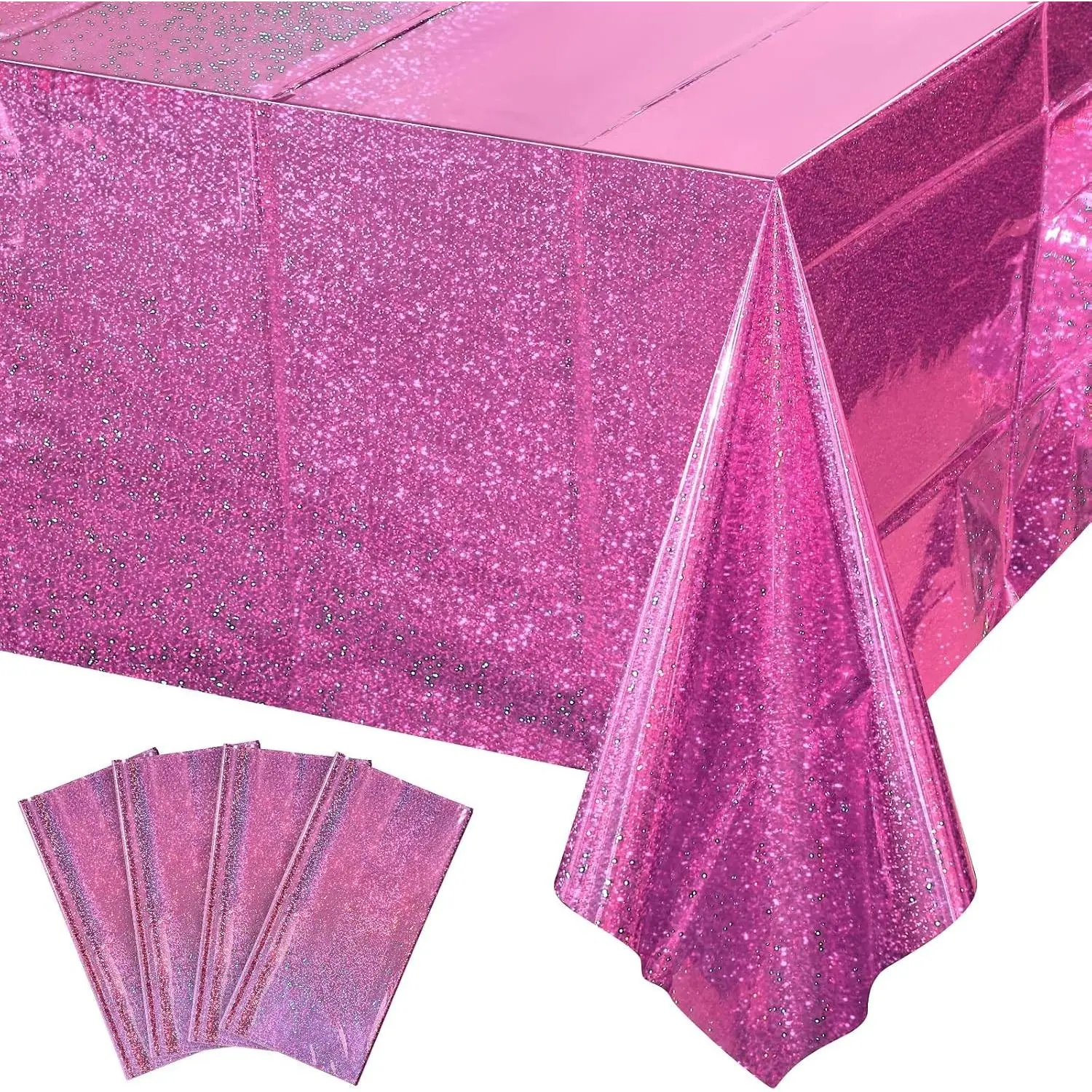4 Pack Iridescence Plastic Tablecloths Shiny Disposable Laser Rectangle Table Covers Holographic Foil Tablecloth Iridescent Kpop Birthday Bridal Wedding Christmas Party Decoration, 54" x 108" (Pink)