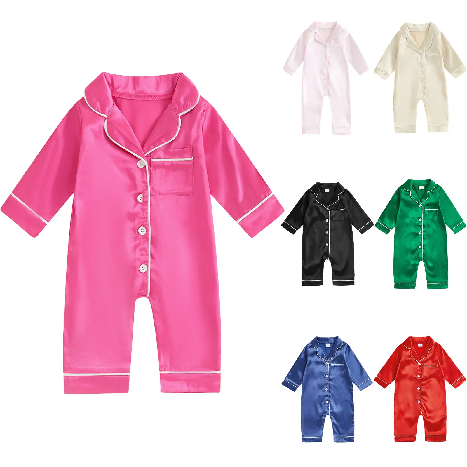 Meihuida Infant Baby Girl Boy Silk Jumpsuit Pajamas Long Sleeve Button-Up Satin Pjs Footie Romper Pajama Nightgown