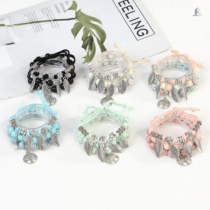 Boho Multi-Layer Wrap Bracelet, Trending European American Tree of Life Leaf Pendant Stackable Beaded Bracelet, Elegant Exquisite Statement Wrist Jewelry, Stylish Vacation Accessory For Women Daily Outfit Matching