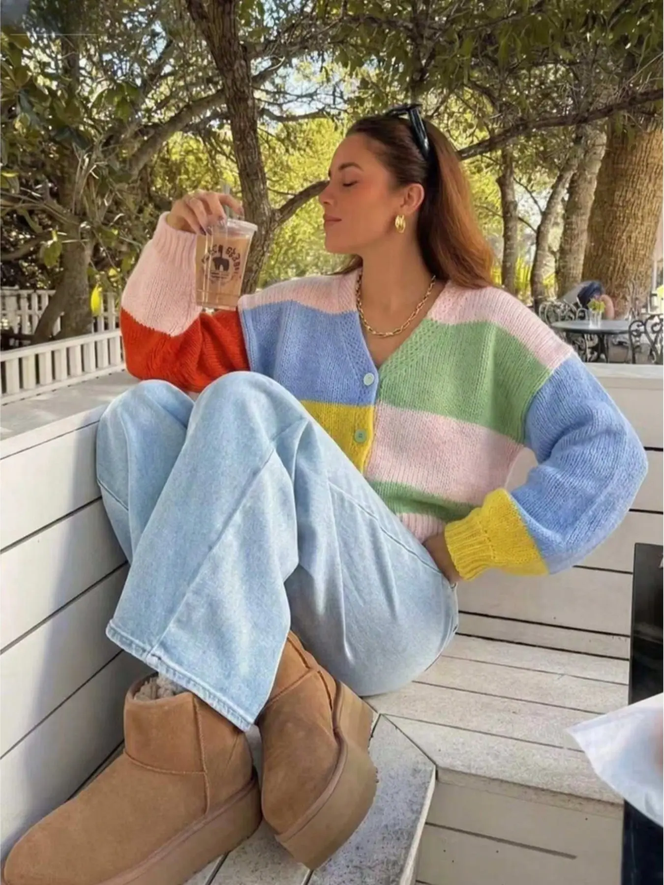 Women Spring Casual Rainbow Striped Knit Cardigan, Multi Color Block V Neck Button Loose Long Sleeve Cropped Daily Street Sweater