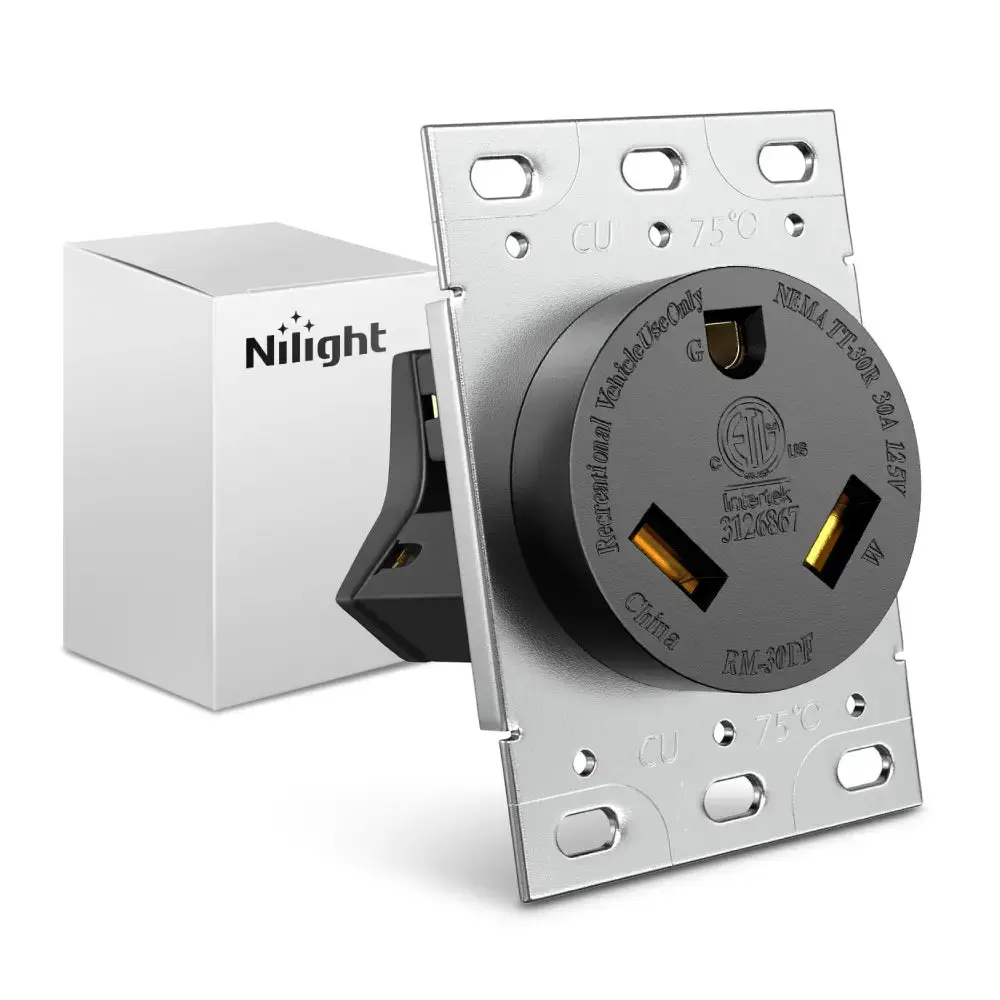 Nilight 30A 125V NEMA TT-30R Heavy-Duty Silver Steel Nylon RV Power Outlet, ETL Certified Flush Mount Receptacle, Easy Installation 30A Outlet Panel for Travel Trailers, Generators, Food Trucks