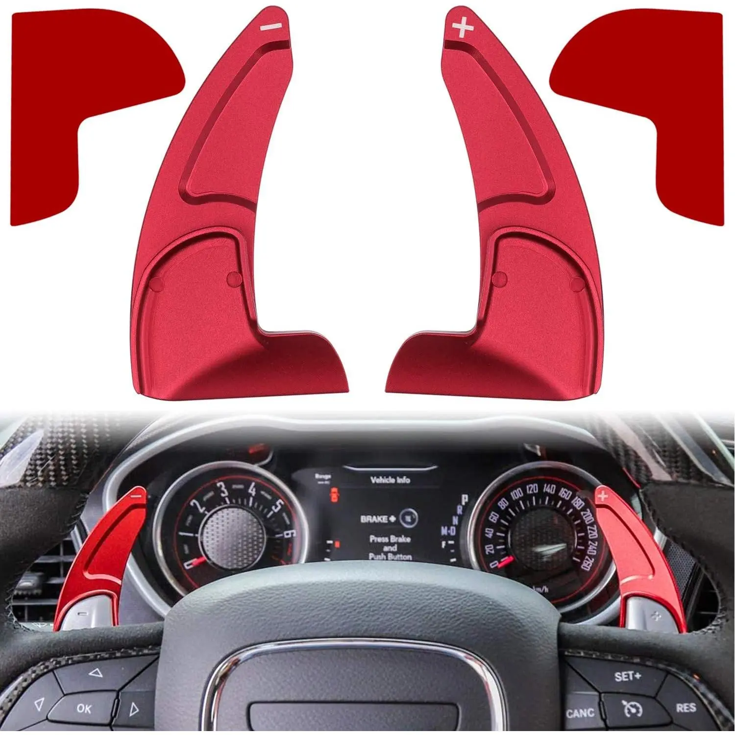 Aluminum Steering Wheel Shift Paddle Extended Shifter Trim Cover - Automotive Car Accessories, Accessories for Car, Durable Interior Decoration for Dodge Challenger Charger Durango RT & Scat Pack 2015-2024, Jeep Grand Cherokee 2014-2020 (Red 2PCS)