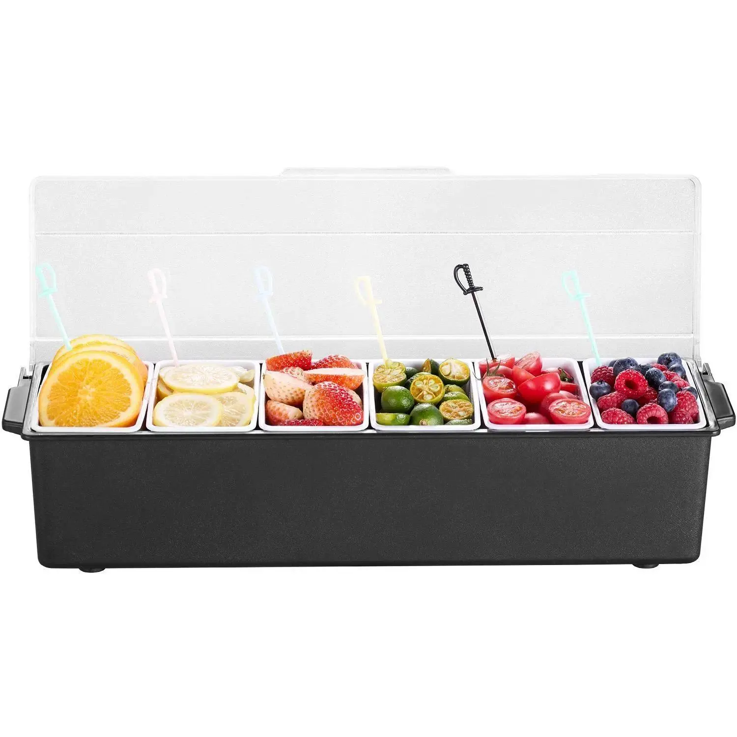Chilled Condiment Server, Food Container, 6 Compartment Ice Cooled Condiment Serving Container, Chilled Garnish Tray Bar Caddy with Lid, for Bartending & Serving Taco, Salad, Home & Restaurant Supplies, Kitchen Plastic Containers