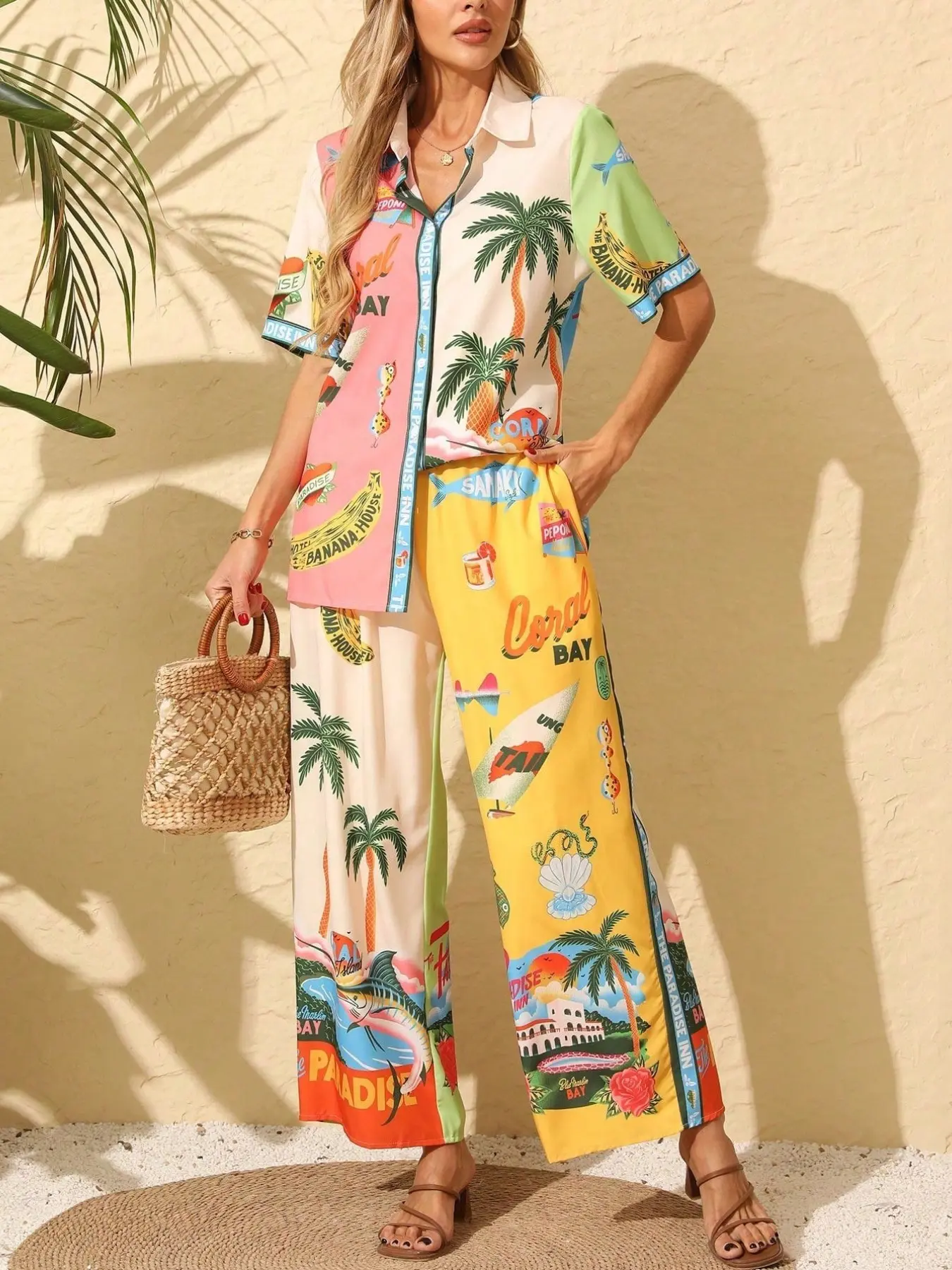 Tropical Island Colorblock Print Short Sleeve Shirt and Wide Leg Pants Set for Women, Beach Vacation Casual Two-Piece Clothes