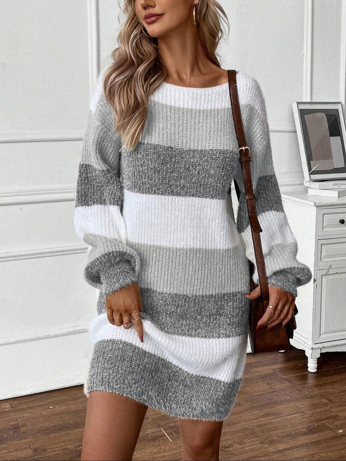 Women's Colorblock Striped Sweater Dress, Elegant Fashion Style, Perfect for Fall & Winter, Daily Wear, Parties, Dates