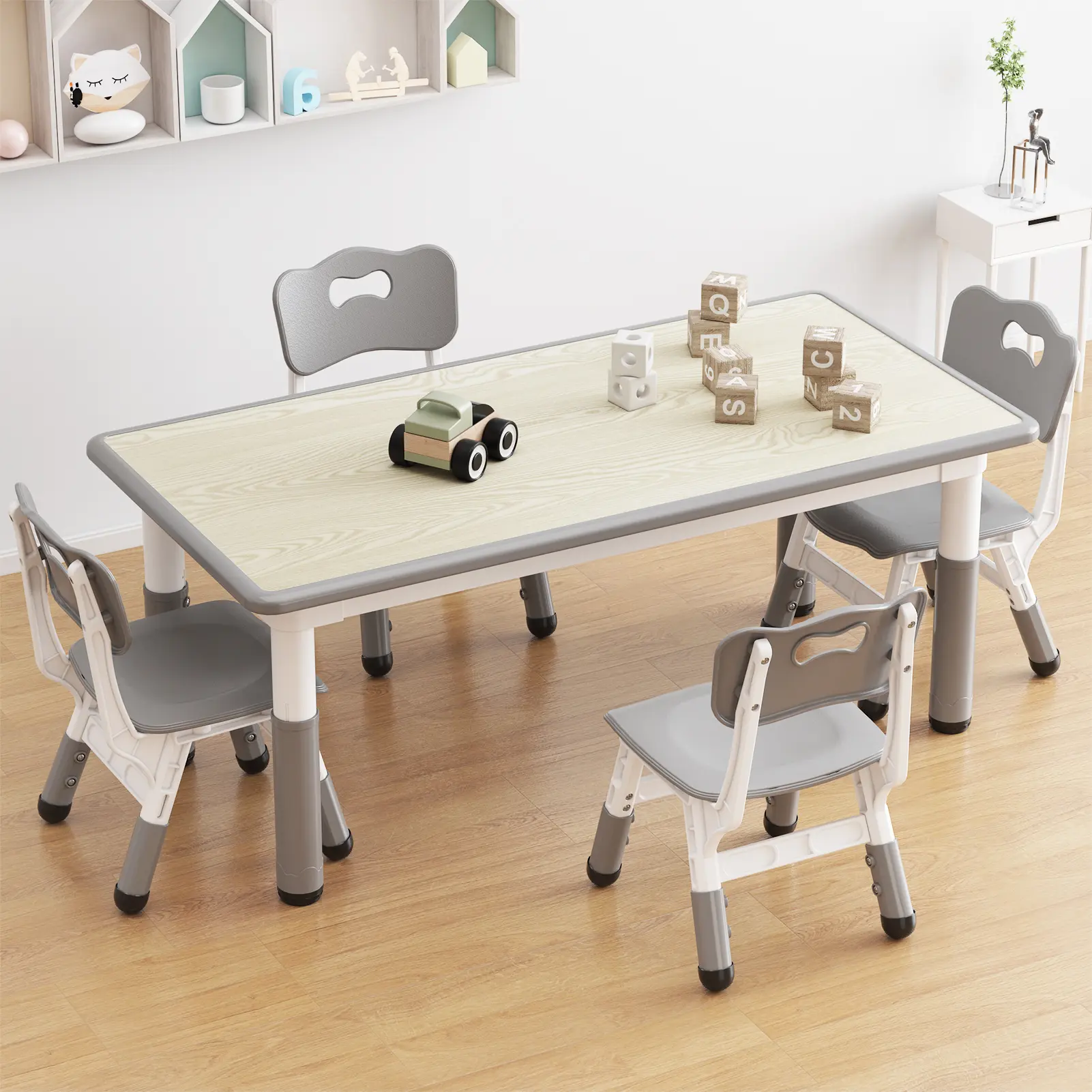 【GARVEE】Kids Table and Chair Set, Height Adjustable Toddler Table and 4 Chairs Set for Kids Ages 2-10, Graffiti-Resistant Desktop & Non-Slip Stable Legs, Multi-Purpose Arts & Crafts Children Activity Table for Daycare, Classroom and Home