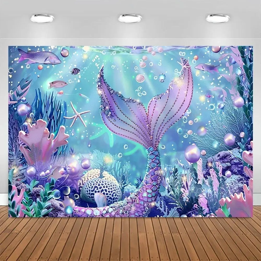 Mermaid Underwater Castle Tapestry Wall Hanging, Polyester Home Decor Photography Backdrop with Ocean Shell Pearl, 160 inches x 70 inches/160in*70in(400cm*180cm) for Baby Shower, Engagement Events, Anniversary