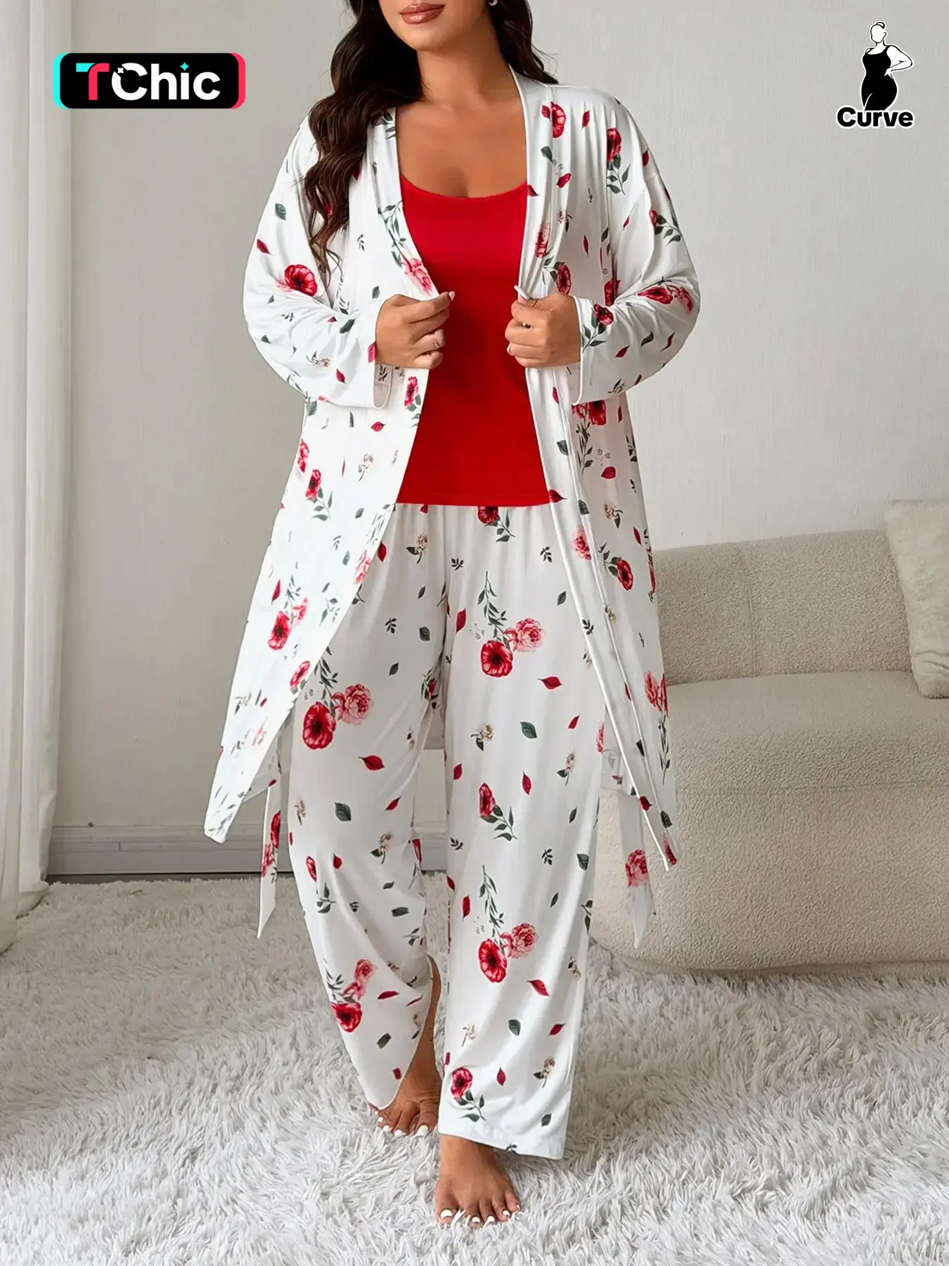 Women Floral Print Pyjamas Set, Strap Top & Long Pants, Belted Robe, Long Sleeve, Comfortable Sleepwear, Matching Sleepwear, Loungewear, Pajama Lounge Sets, Chic, Elegant, Homewear, Womenswear, Pajamas, Spring & Fall Fitted Style, Pajama Set