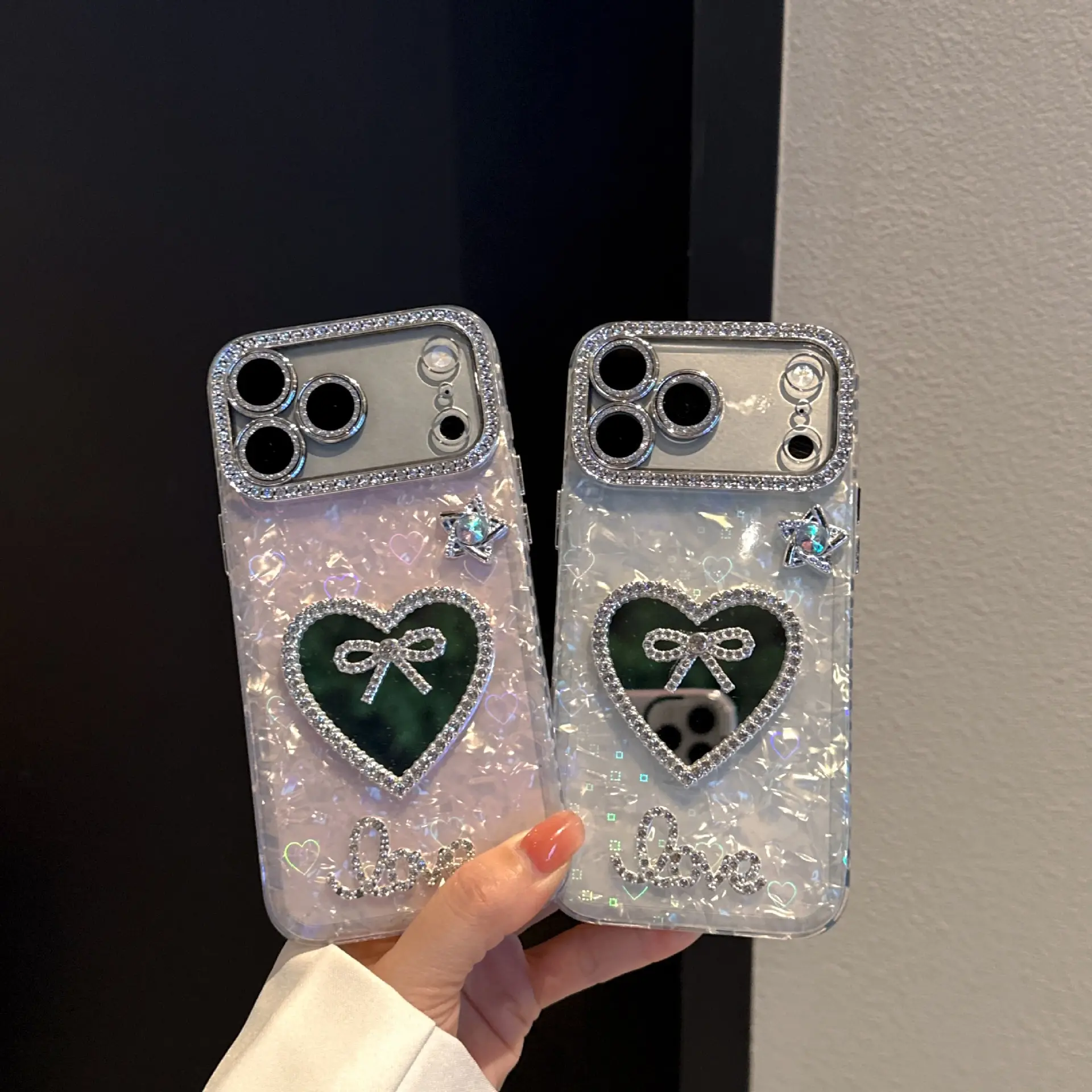 Compatible with iPhone 14/15/16 Pro/17 Pro Max | Iridescent Seashell Grain Case With Heart Butterfly & Built-in Makeup Mirror Anti-Drop Cover HNZ0275