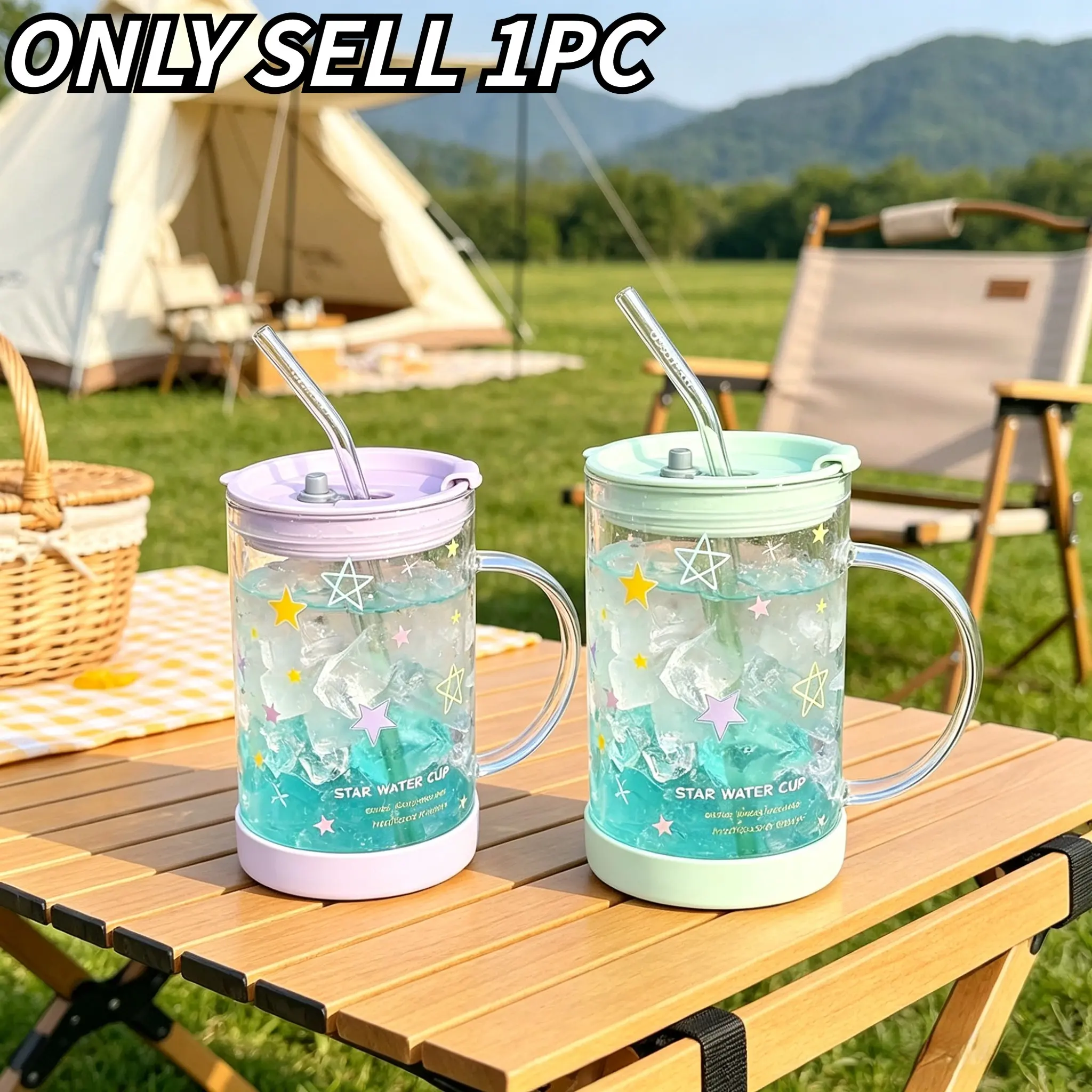 Dreamy Star Print Glass Cup, Leak-Proof Straw Cup with Lid, 1000ML Large Capacity, Heat Resistant Handle, Ideal for Juice, Coffee, Outdoor Camping