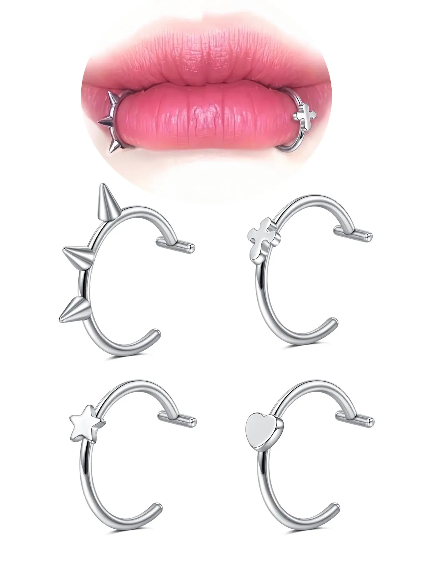 Gothic-Style Stainless Steel Fake Lip Ring, Fake Piercings, Heart-Shaped/cross Design, Unisex Jewelry Set, Cosplay and Party Accessories, All Seasons