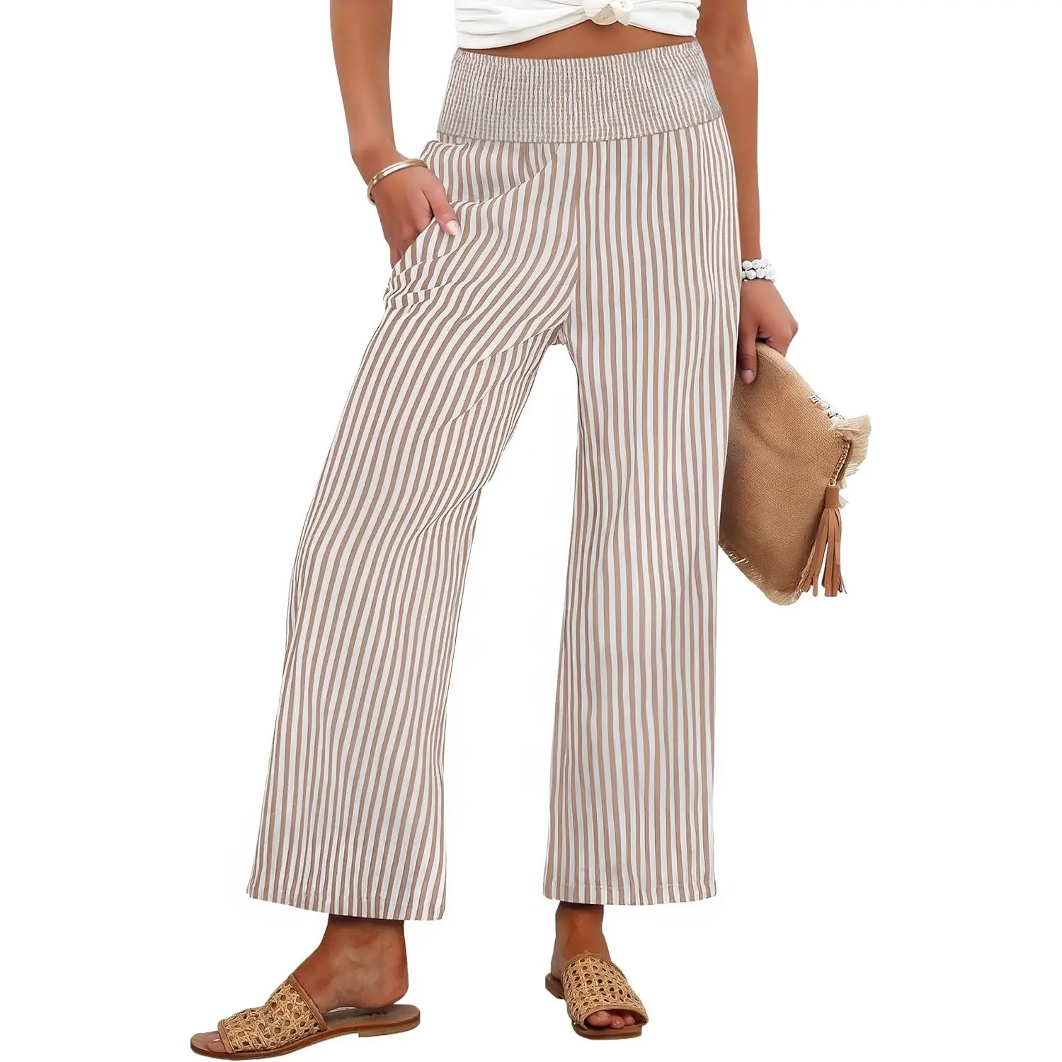 Women's Pajama Pants, Gingham Plaid Wide-Leg Cropped Loungewear Bottoms with Pockets, Comfy Nightwear for Ladies, Pajama Set, Casual Sleepwear Loungewear, Striped, Cute, Seam Pocket
