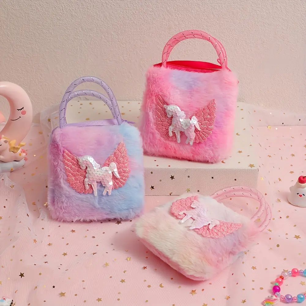 Cute Unicorn Crossbody Bag for Girls, Soft Plush Shoulder Purse with Detachable Coin Purse Accessory, Accessories, Coin Bag, Unicorn Print, Crossbody/Shoulder Bag