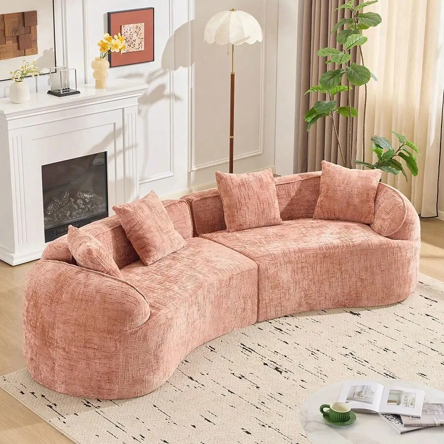 Modern Curved Chenille Sofa Couch, Nordic-Inspired Compressed Cloud Couch Living Room Bedroom Apartment, Soft 3-Seater Sofa With Comfortable Deep Seating, Boneless Sofa With Skin-Friendly, No Assembly Required