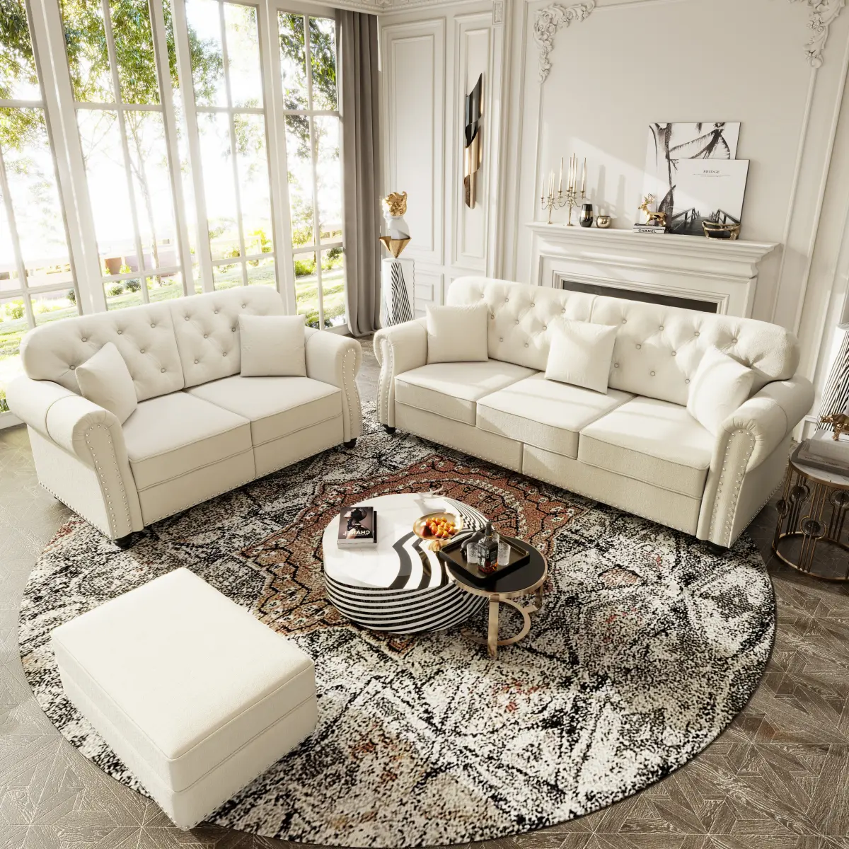 AobtkelUpholstered Velvet Sofa with Nailhead Trim and Rolled Armrests,Mid-Century Modern Chesterfield Sofa with Button Tufted,Includes 1 ottoman,Beige/White