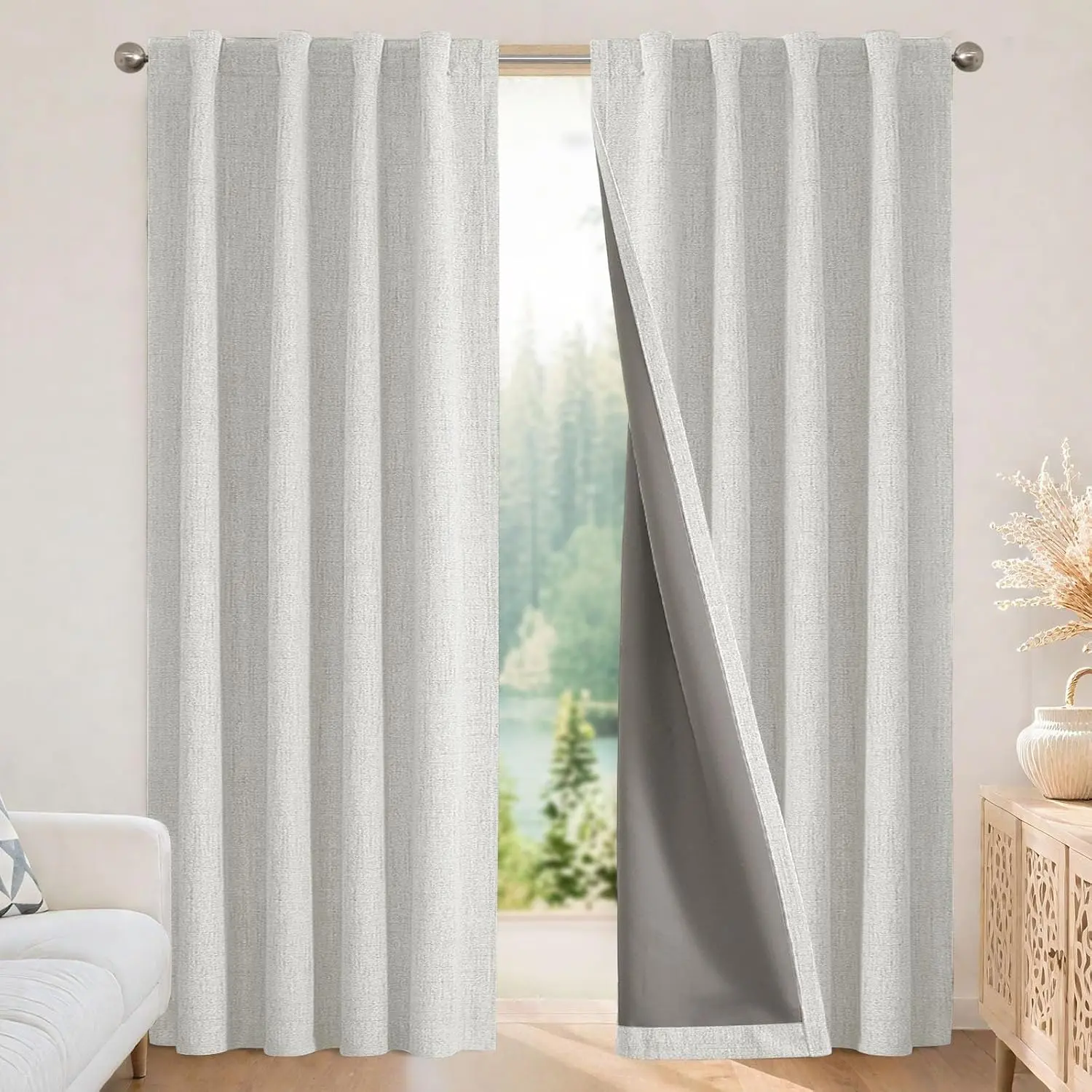 Indoor Traditional 84in Long 100% Light Blocking Polyester Blackout Curtains - 2 Full Panel Set White Drapes, Thermal, Textured for Bedroom/Living Room, Rod & Back Tabs, Set Of 2