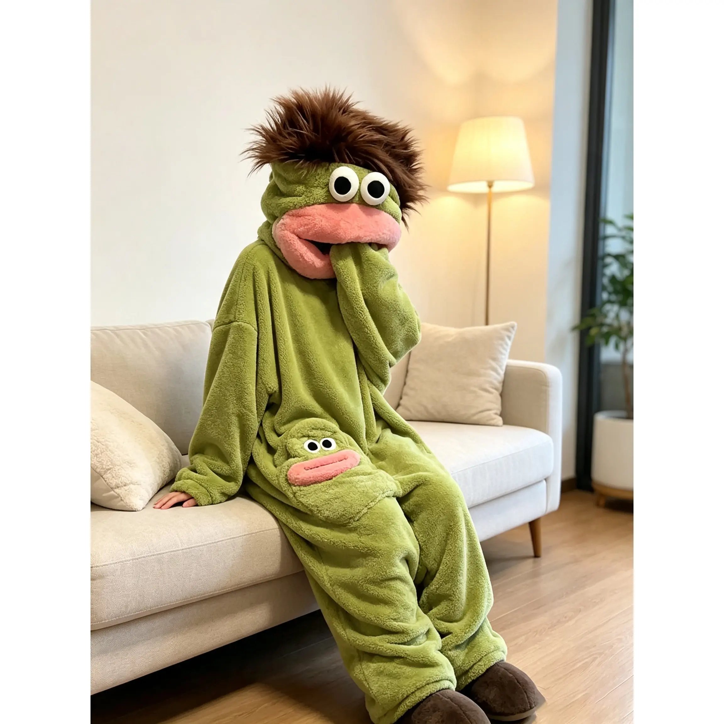Funny Big Mouth Monster Onesie Pajamas for Couples| Thick Coral Fleece Hooded Sleepwear with Comb & Shoe Accessories| Unisex Winter Loungewear