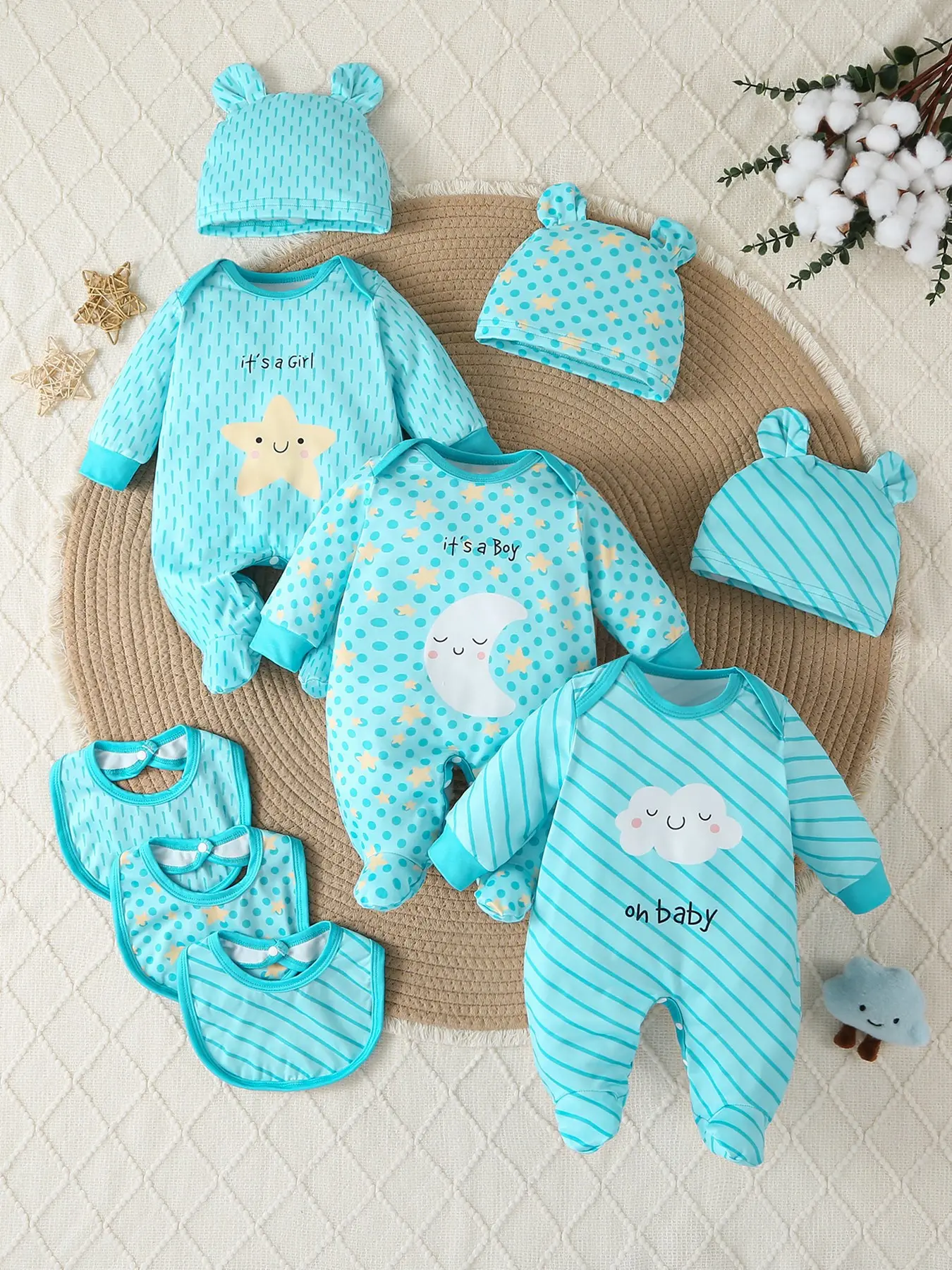 Newborn Mint Bodysuit Set with Bear Ears Hat and Bib, Soft Breathable Fabric, Full Foot Coverage, Unisex Baby Clothes, Printed Bodysuit Set